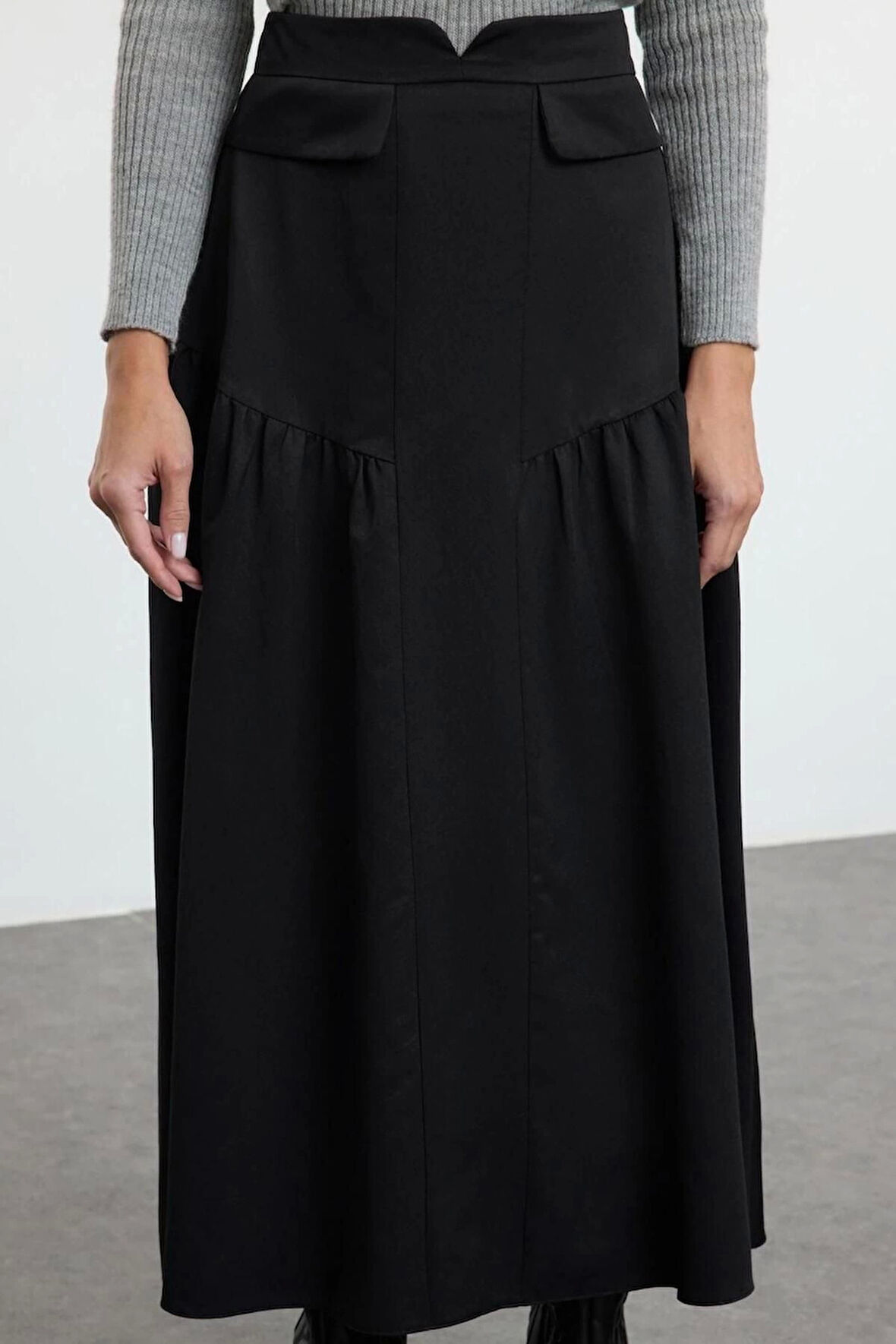 Kadın Moda Stil Maxi Astarsız Dokuma Tesettür Büzgü Detaylı Pamuklu Dokuma Etek