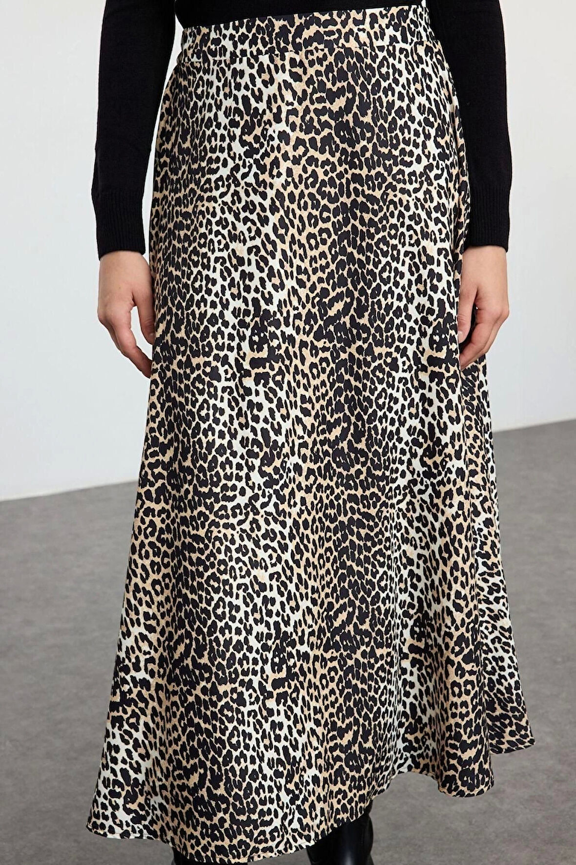 Kadın Moda Stil Maxi Astarlı Dokuma Tesettür Leopar Desenli Dokuma Etek