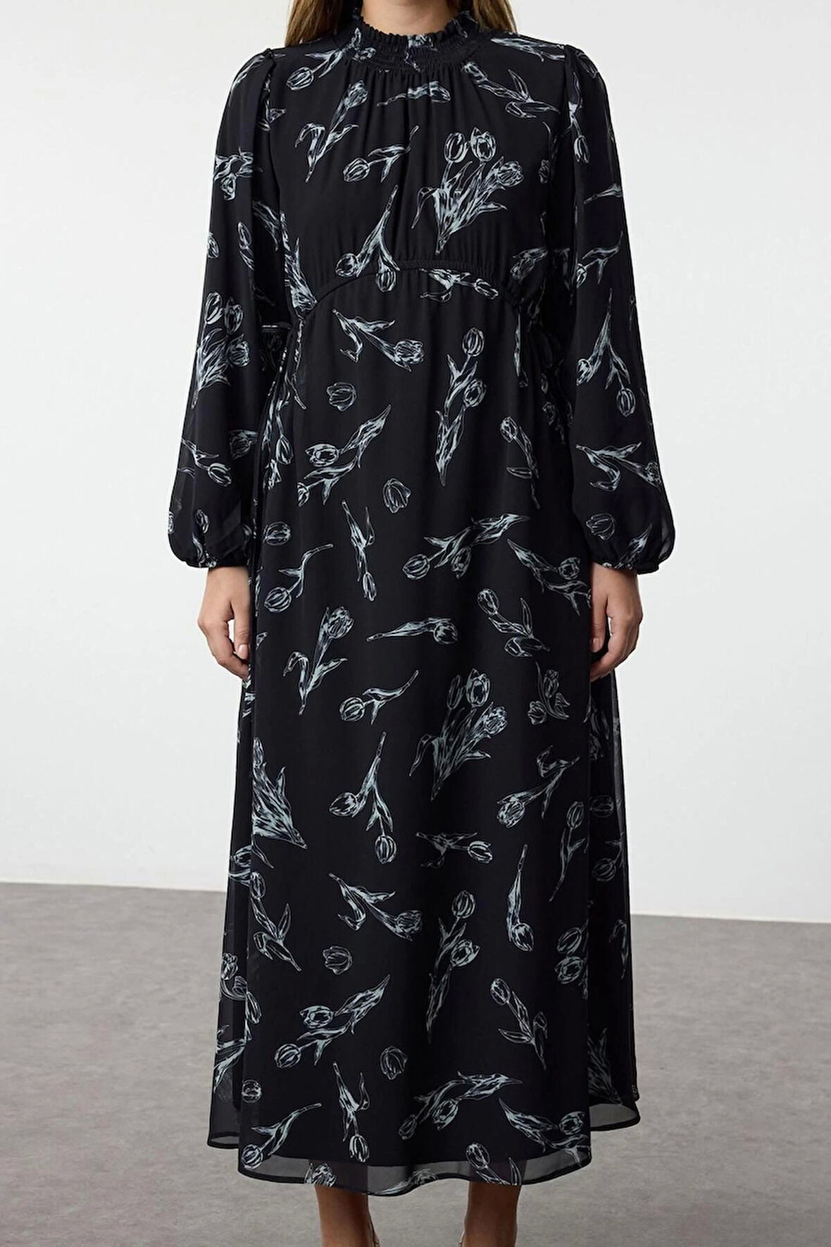 Kadın Moda Şık Tesettür Maxi Boy Dik Yaka Regular Şifon Çiçek Desenli Dokuma Elbise