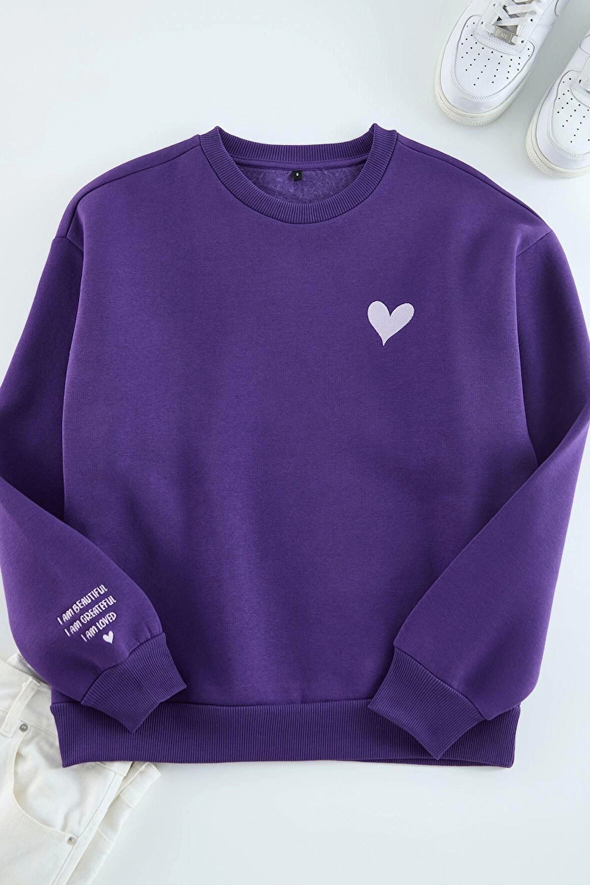 Kadın Regular Bisiklet Yaka Düşük Kol Regular Nakışlı Normal Kalıp Kalın İçi Polarlı Örme Sweatshirt