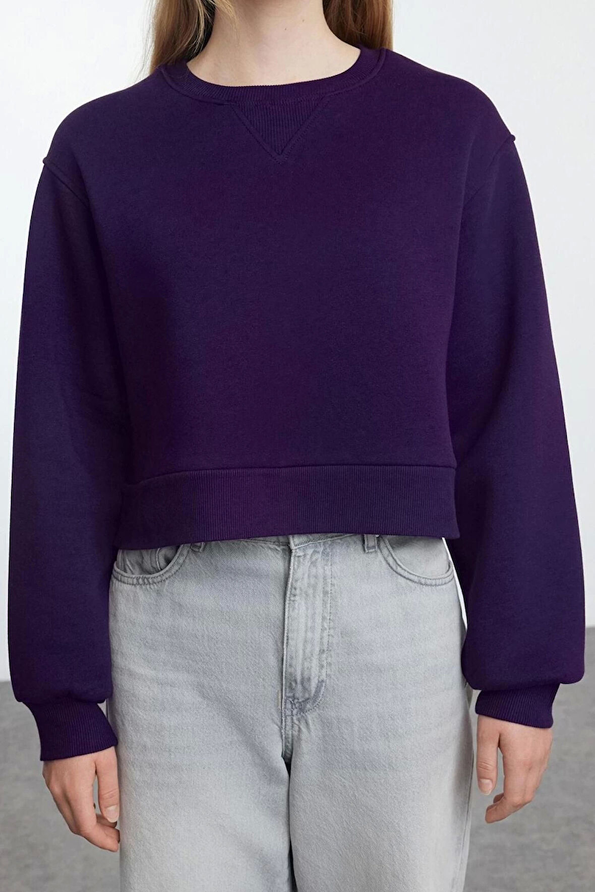 Kadın Bisiklet Yaka Düşük Kol Crop Kalın Polarlı Geniş Kalıp Crop Basic Örme Sweatshirt