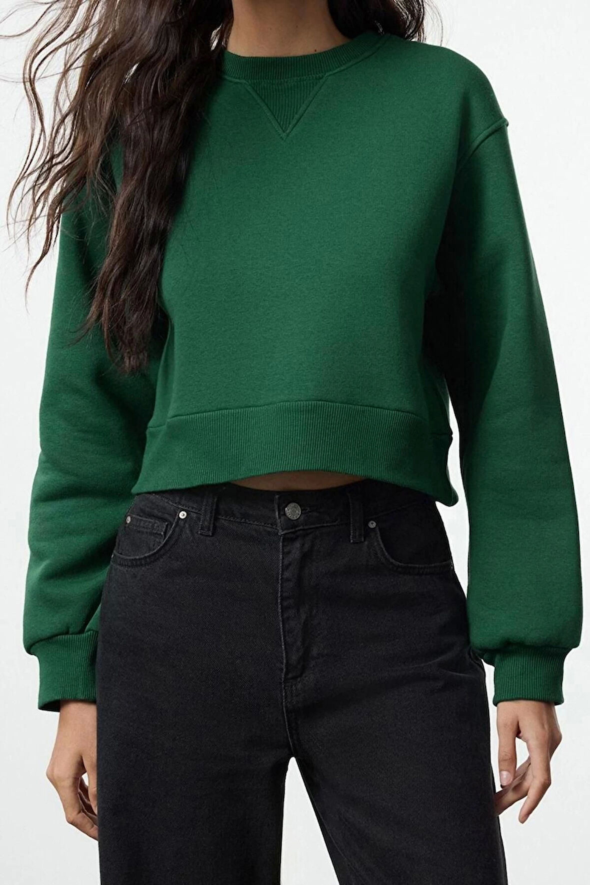 Kadın Bisiklet Yaka Düşük Kol Crop Kalın Polarlı Geniş Kalıp Crop Basic Örme Sweatshirt