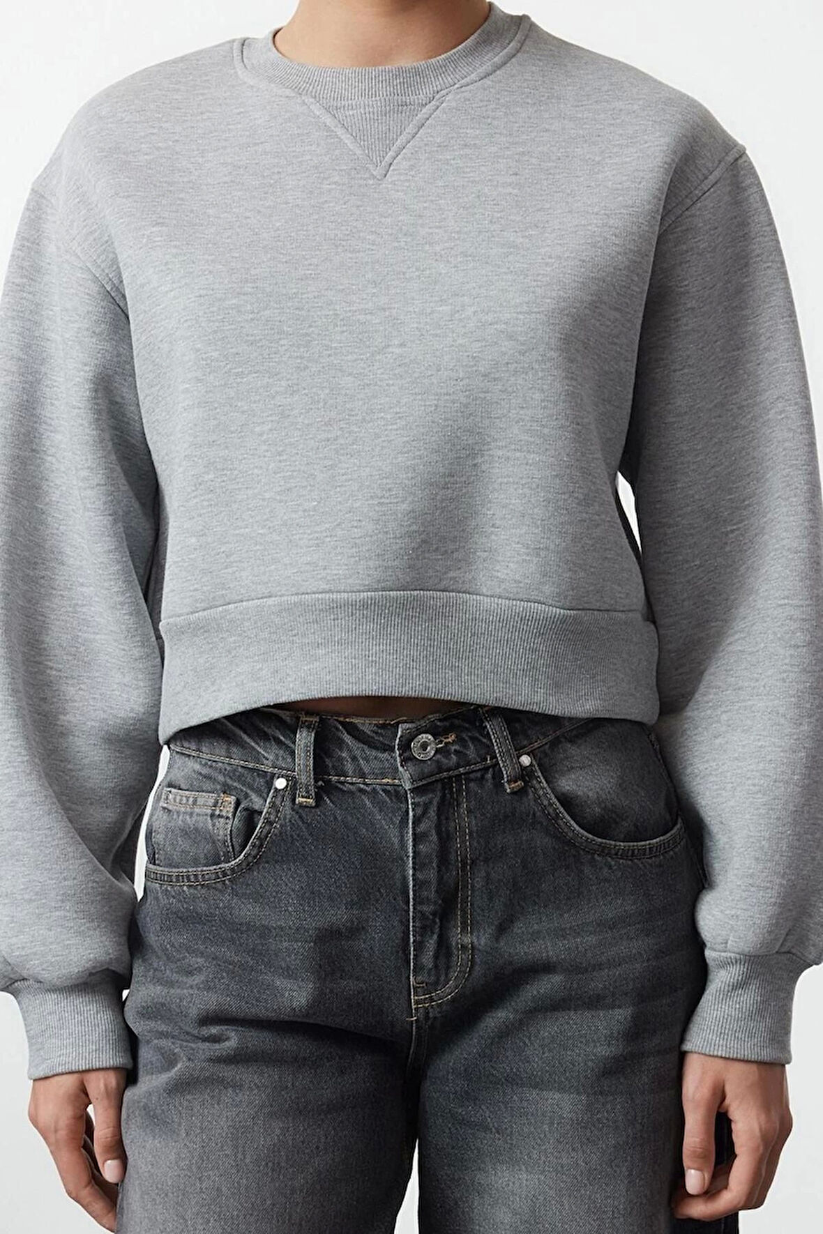 Kadın Bisiklet Yaka Düşük Kol Crop Kalın Polarlı Geniş Kalıp Crop Basic Örme Sweatshirt