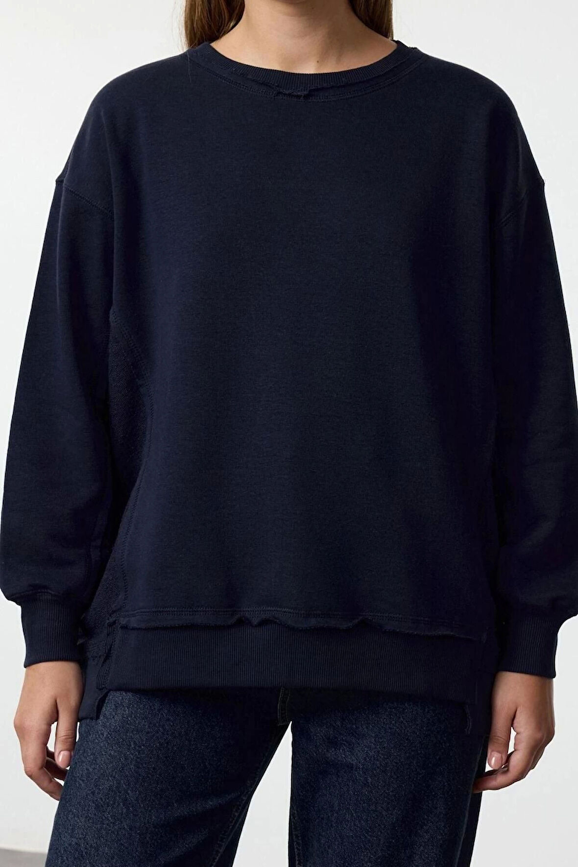 Kadın Moda Şık Bol Bisiklet Yaka Düşük Kol Uzun Kalın İçi Polarlı Geniş Kalıp Örme Sweatshirt