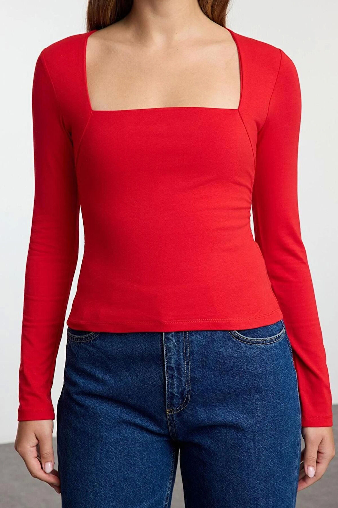 Kadın Moda Şık Üst Giyim Regular Kare Yaka Slim Kalıp Örme Büzgü Drape Detaylı Vücuda Oturan Bluz