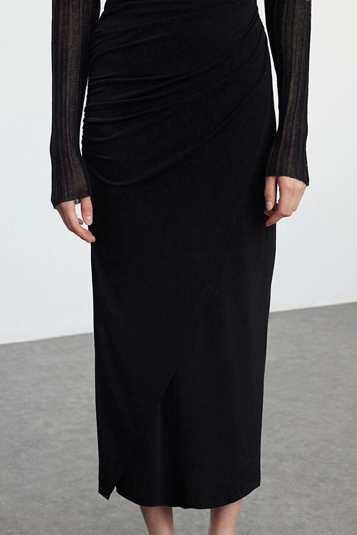 Kadın Moda Stil Maxi Astarsız Örme Büzgü Drape Detaylı Maxi Anvelop Esnek Etek