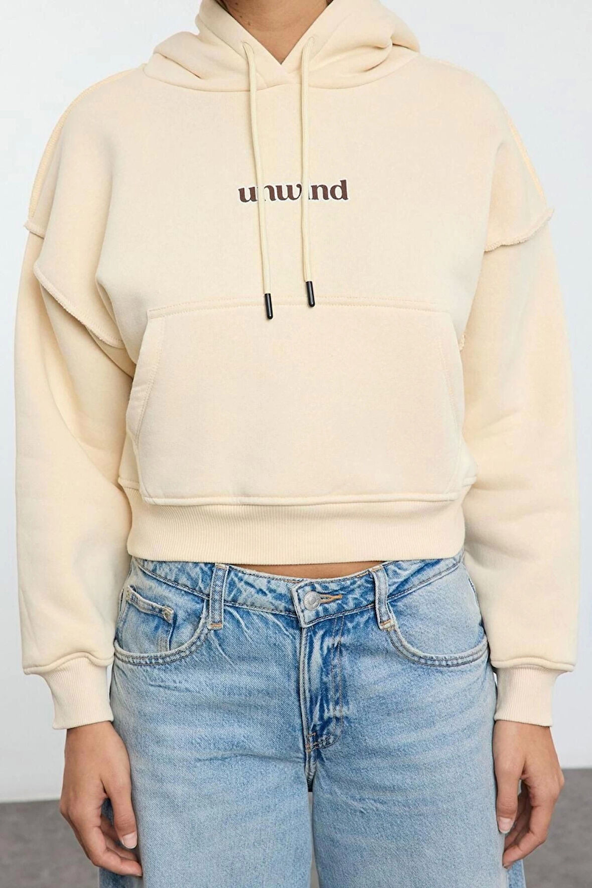 Kadın Oversize Kapüşonlu Düşük Kol Crop Slogan Baskılı Geniş Kalıp Kalın Polarlı Örme Sweatshirt