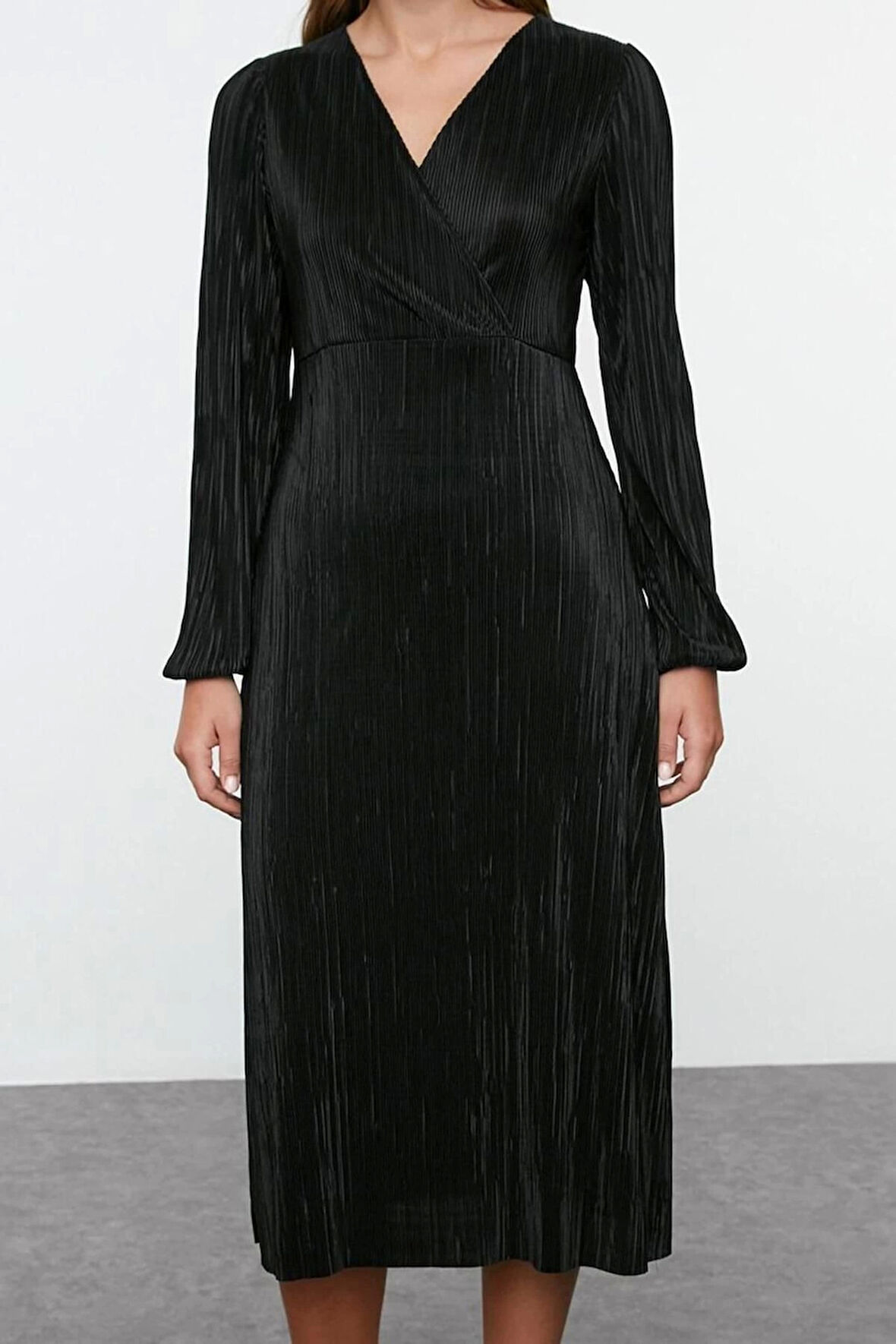 Kadın Moda Şık Midi Boy Kruvaze Regular Pilise Astarlı Anvelop Esnek Örme Elbise