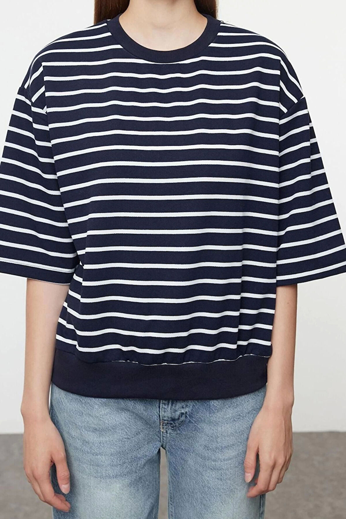 Kadın Moda Şık Oversize Bisiklet Yaka Düşük Kol Crop Çizgili Geniş Kalıp İnce Örme Sweatshirt