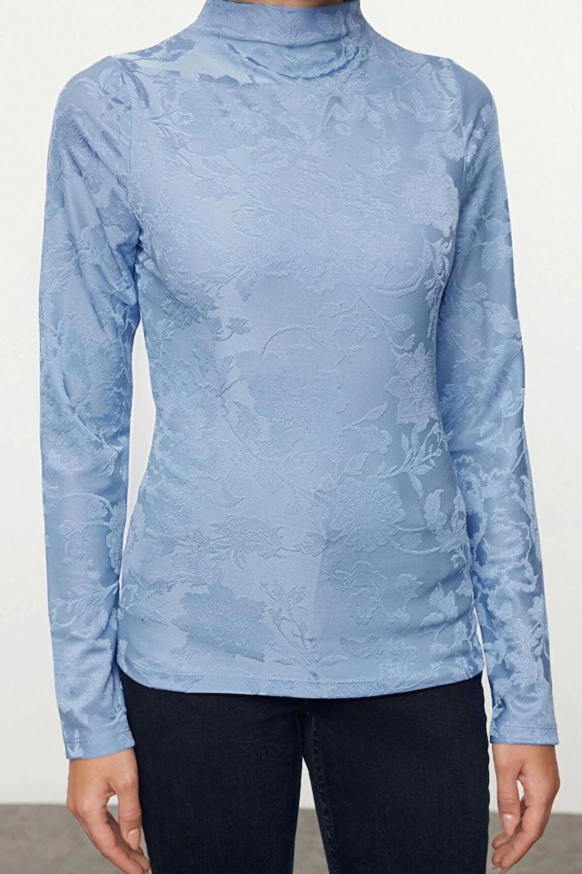 Kadın Moda Şık Üst Giyim Regular Dik Yaka Slim Kalıp Örme Jakarlı Fittted Vücuda Oturan Esnek Bluz