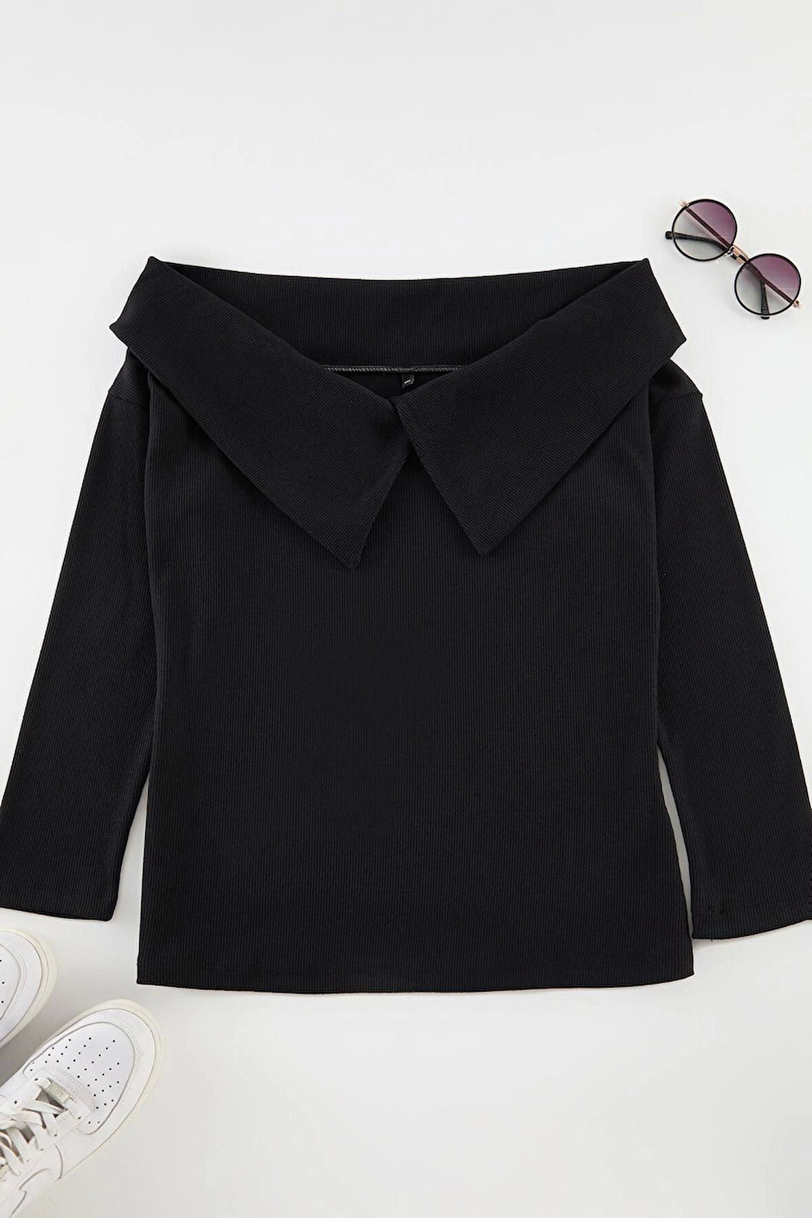 Kadın Moda Şık Büyük Beden Regular Carmen Yaka Regular Kalıp Örme Kaşkorse Bluz