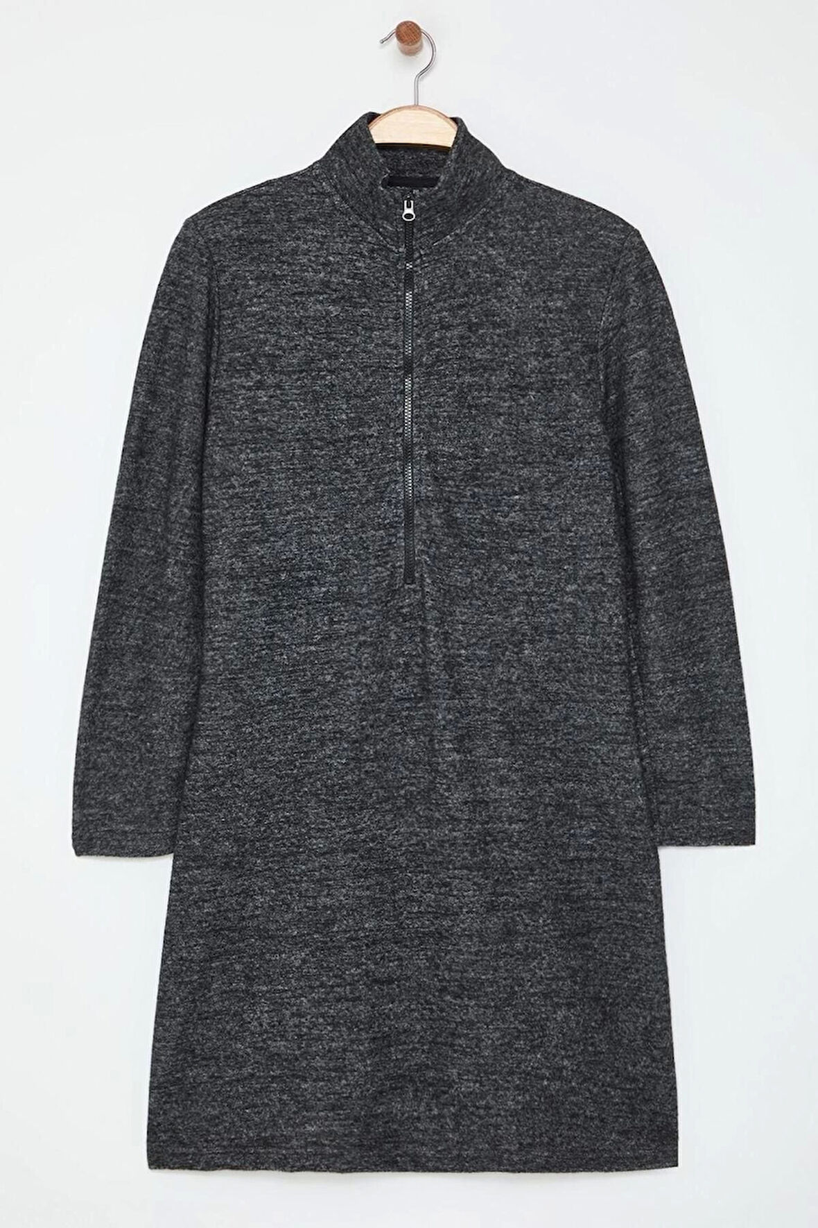 Kadın Moda Şık Büyük Beden Mini Boy Dik Yaka Relaxed Yumoş Örme Büyük Beden Elbise