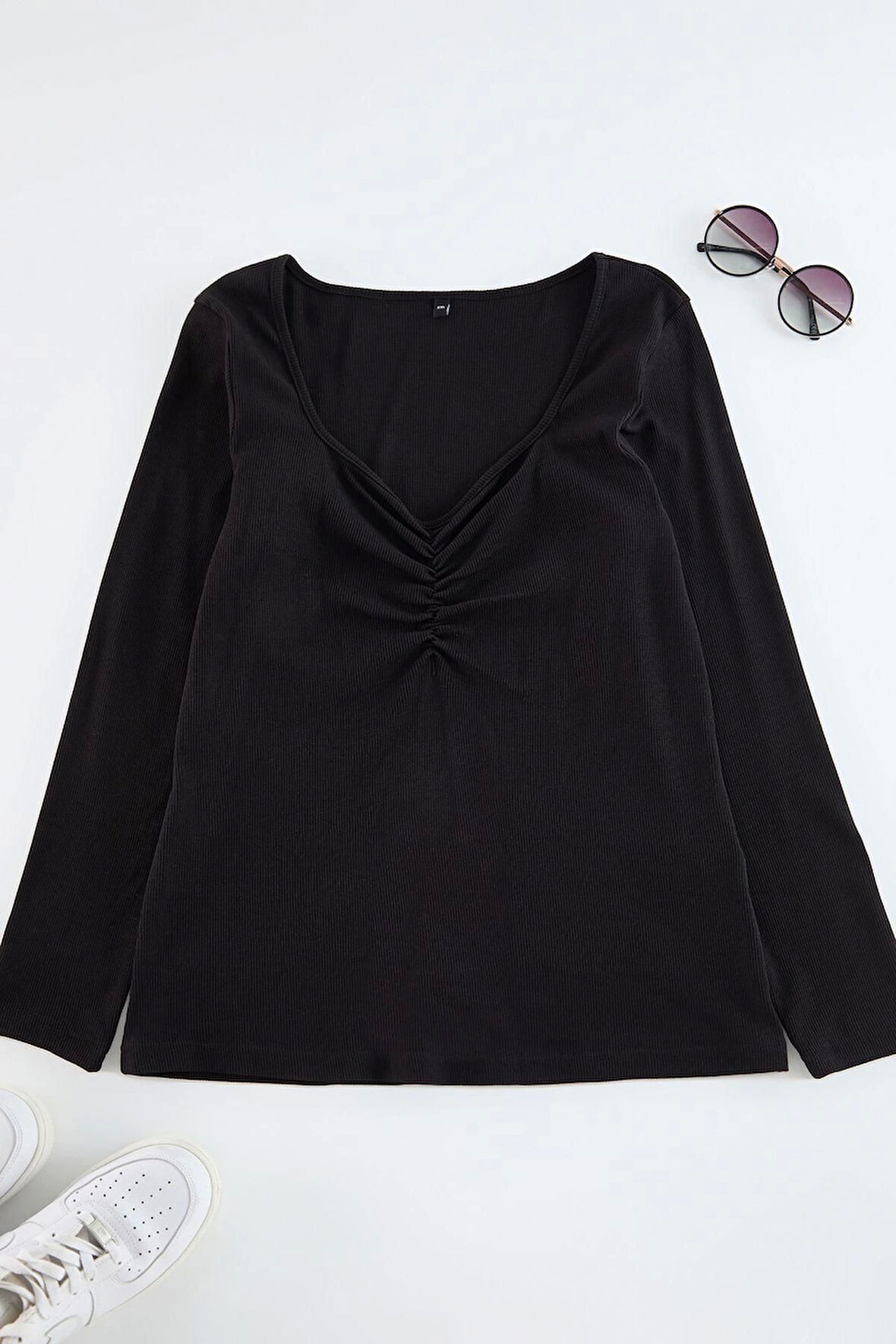 Kadın Moda Şık Büyük Beden Regular Kalp Yaka Fitted Kalıp Örme Kaşkorse Bluz