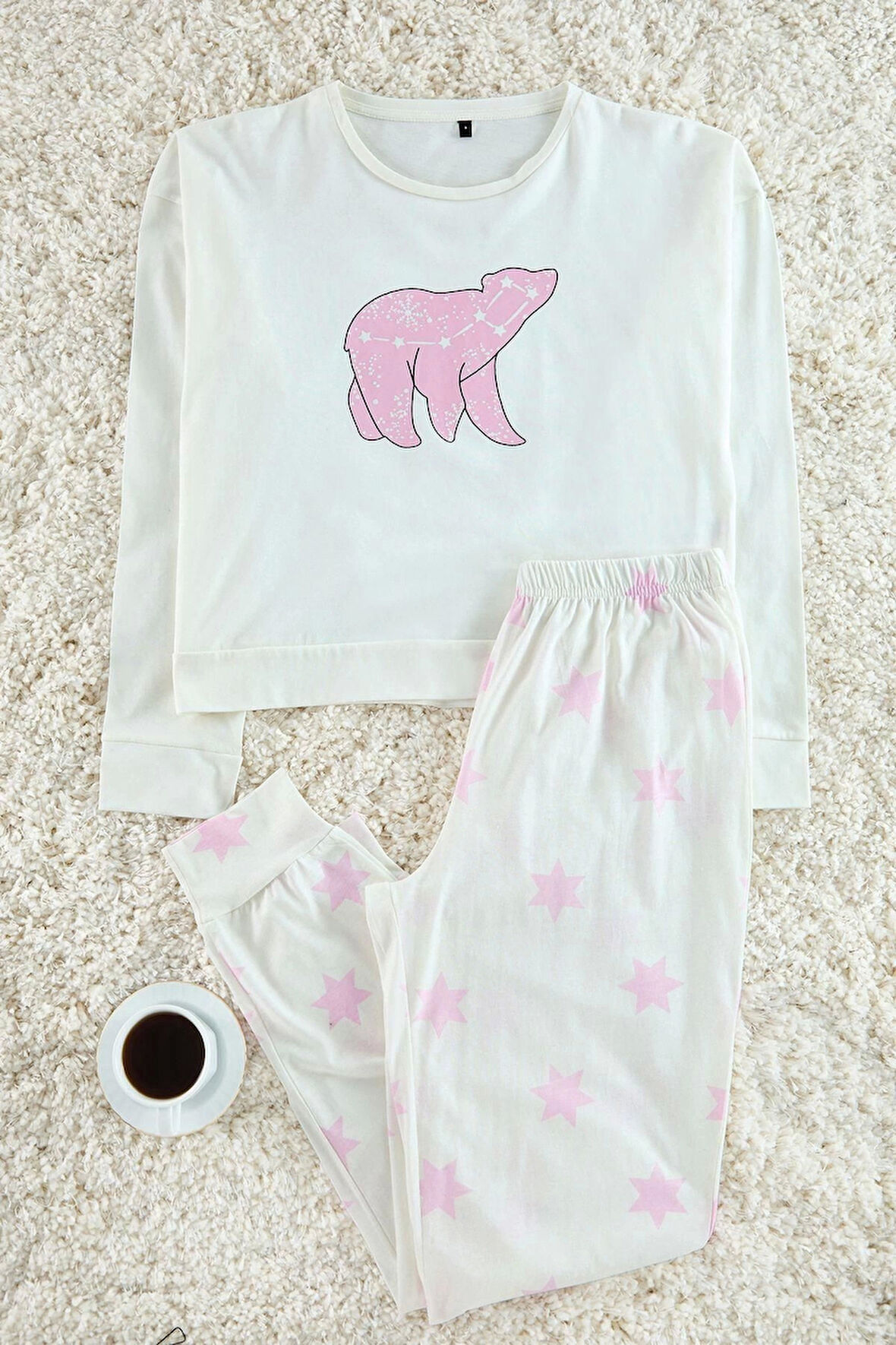 Kadın Moda Şık Bisiklet Yaka Boru Paça Uzun Kol %100 Pamuklu Yıldız Desenli Örme Pijama Takımı