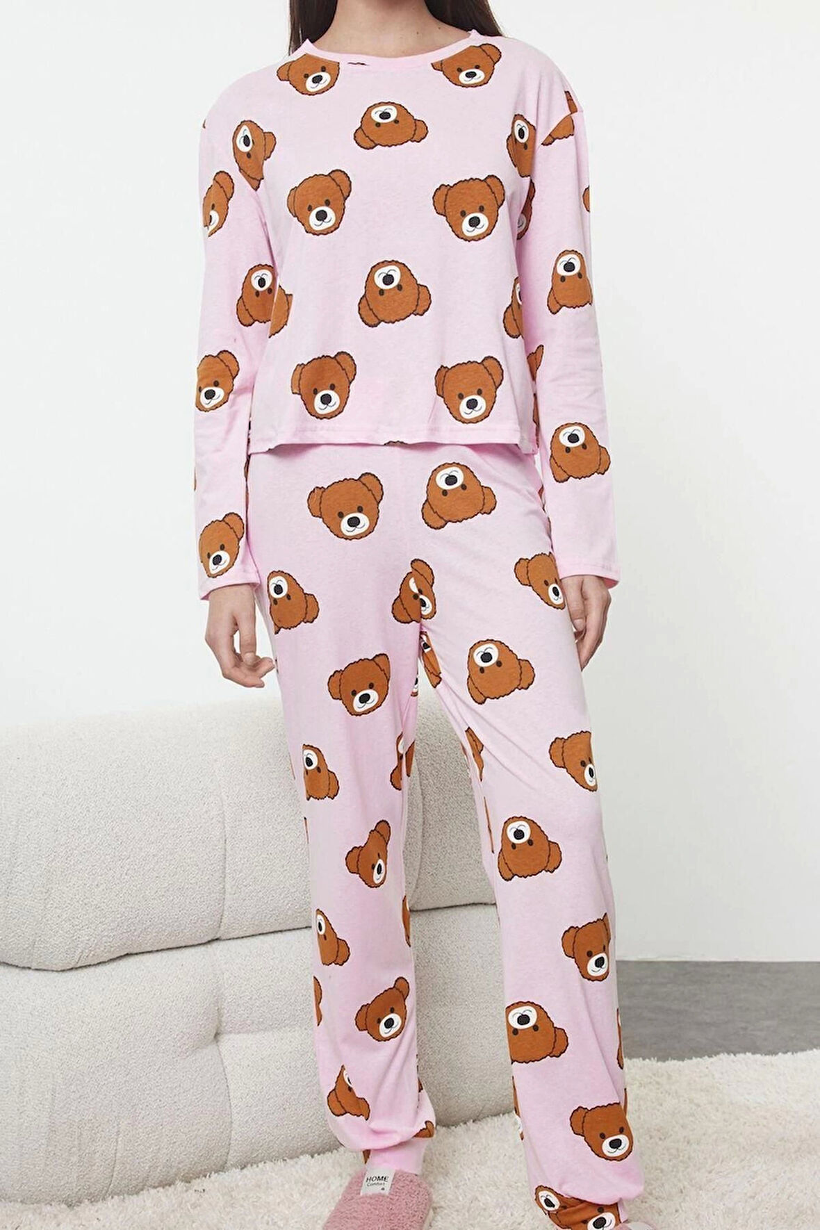 Kadın Moda Şık Bisiklet Yaka Boru Paça Uzun Kol %100 Pamuklu Ayıcık Desenli Örme Pijama Takımı