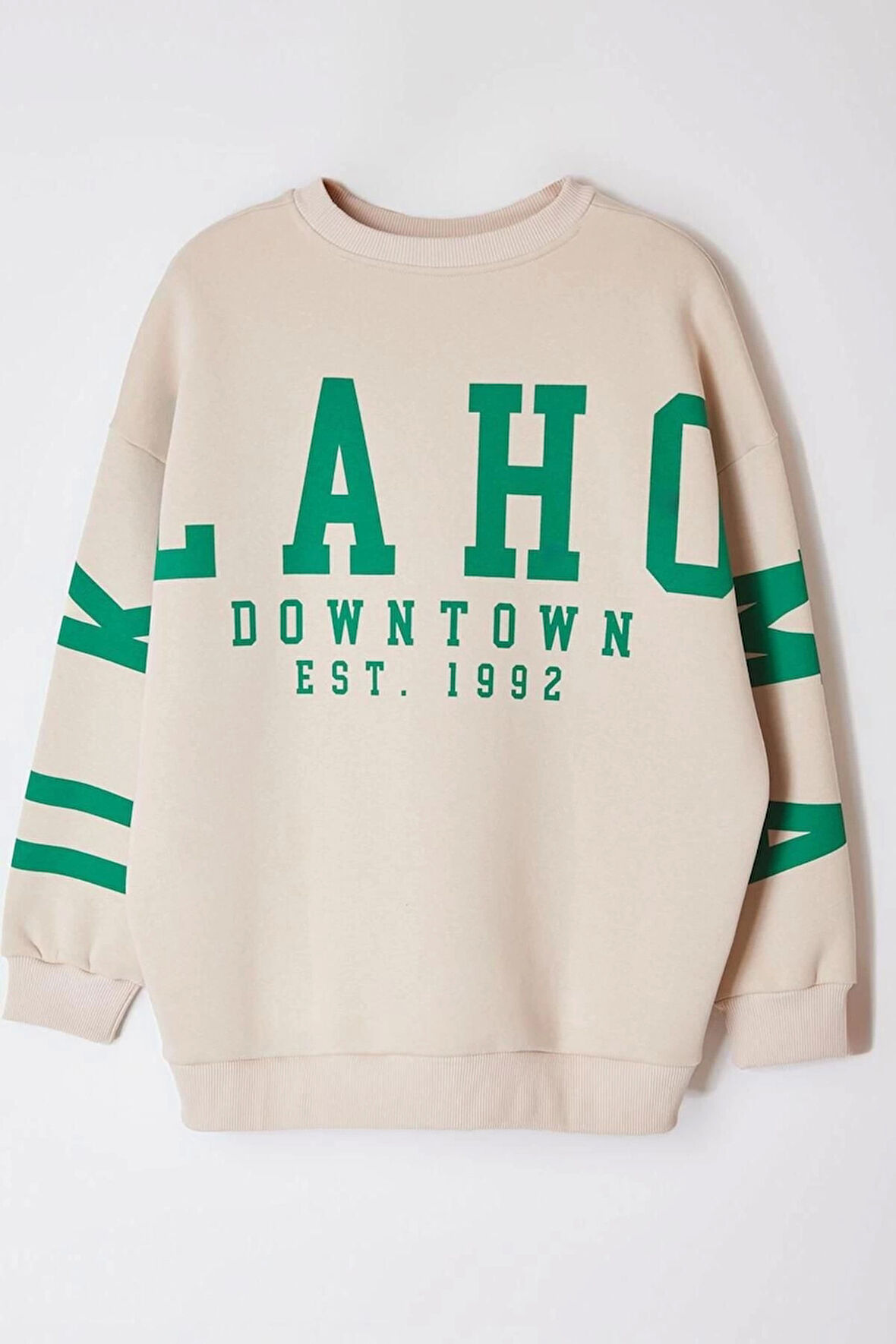 Kadın Büyük Beden Oversize Bisiklet Yaka Düşük Kol Genilş Kalıp Sırtı Baskılı Polar Kalın Sweatshirt