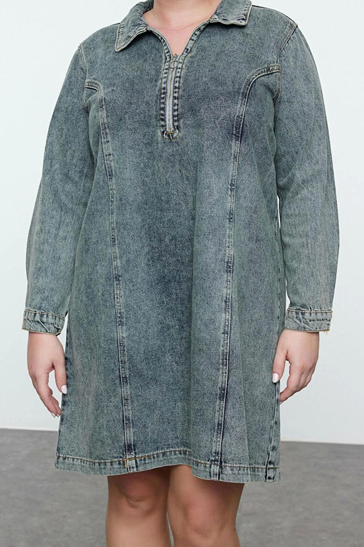 Kadın Moda Şık Büyük Beden Mini Boy Gömlek Yaka Denim Rigid Büyük Beden Elbise