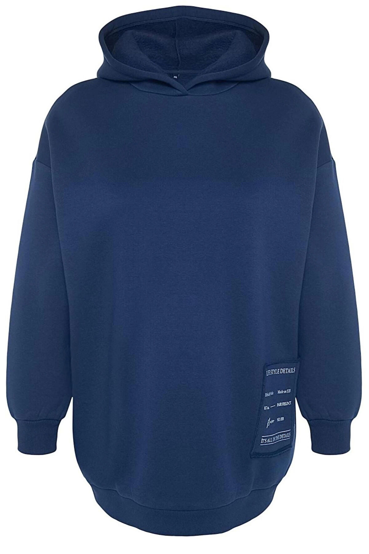 Kadın Büyük Beden Relaxed Kapüşonlu Düşük Kol Regular Slogan Detaylı İçi Polar Kalın Örme Sweatshirt