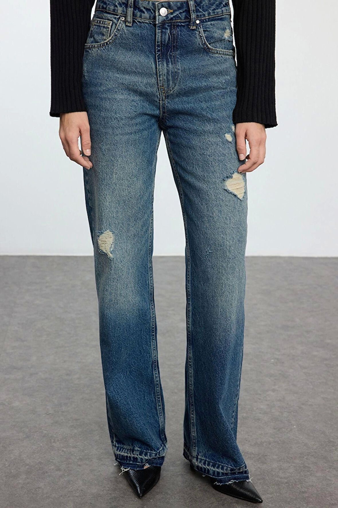 Kadın Moda Şık Kot Pantolon Geniş Paça Uzun Boy Denim Yırtıklı Normal Bel Jeans