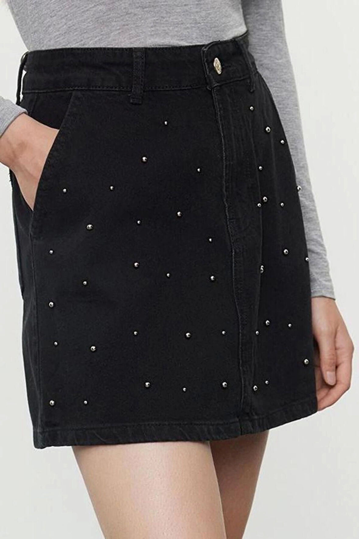 Kadın Moda Stil Mini Astarsız Denim Taşlı Mini Denim Etek