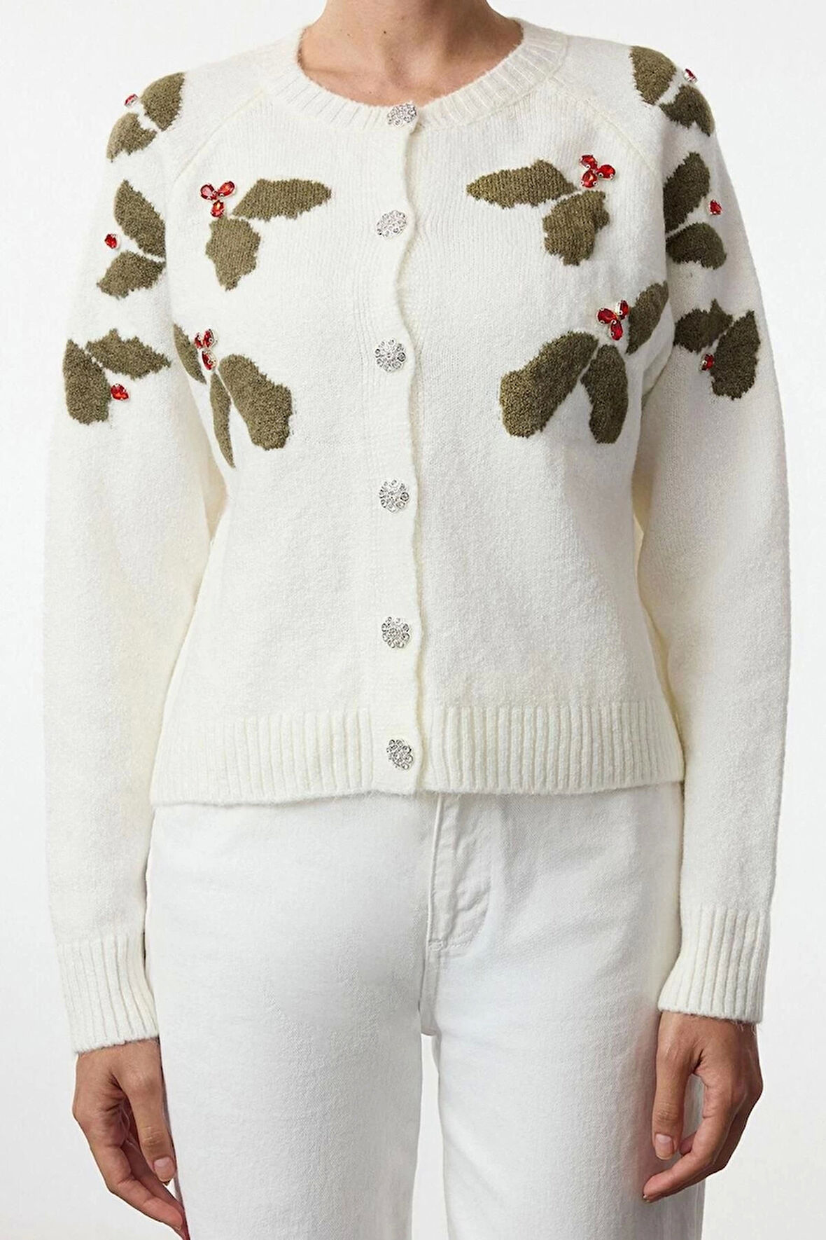 Kadın Moda Şık Regular Bisiklet Yaka Regular Yumuşak Dokulu Düğme Detaylı Taş İşlemeli Triko Hırka