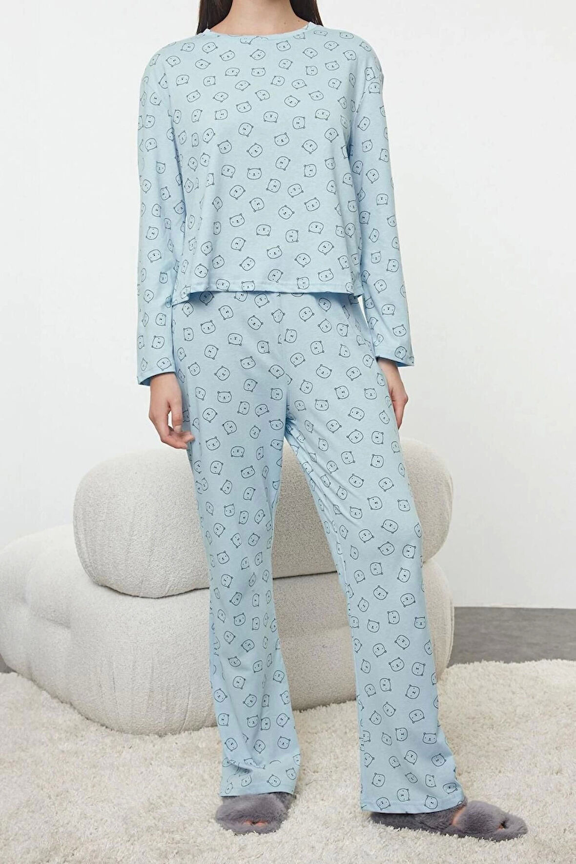 Kadın Moda Şık Bisiklet Yaka Geniş Paça Uzun Kol %100 Pamuklu Ayıcık Desenli Örme Pijama Takımı