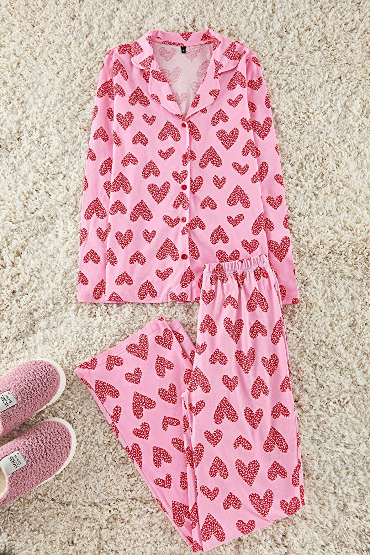 Kadın Geniş Paça Uzun Kol %100 Pamuklu Leopar Kalp Desenli Gömlek Pantolon Örme Pijama Takımı