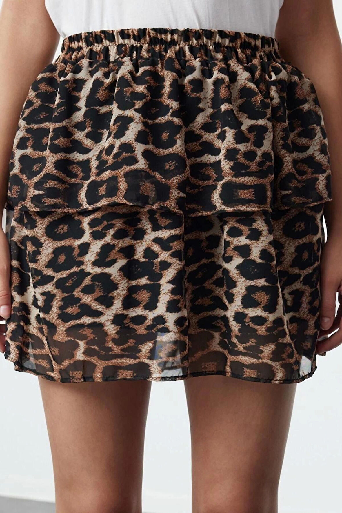 Kadın Moda Stil Mini Astarsız Dokuma Leopar Desenli Fırfırlı Mini Boy Dokuma Etek