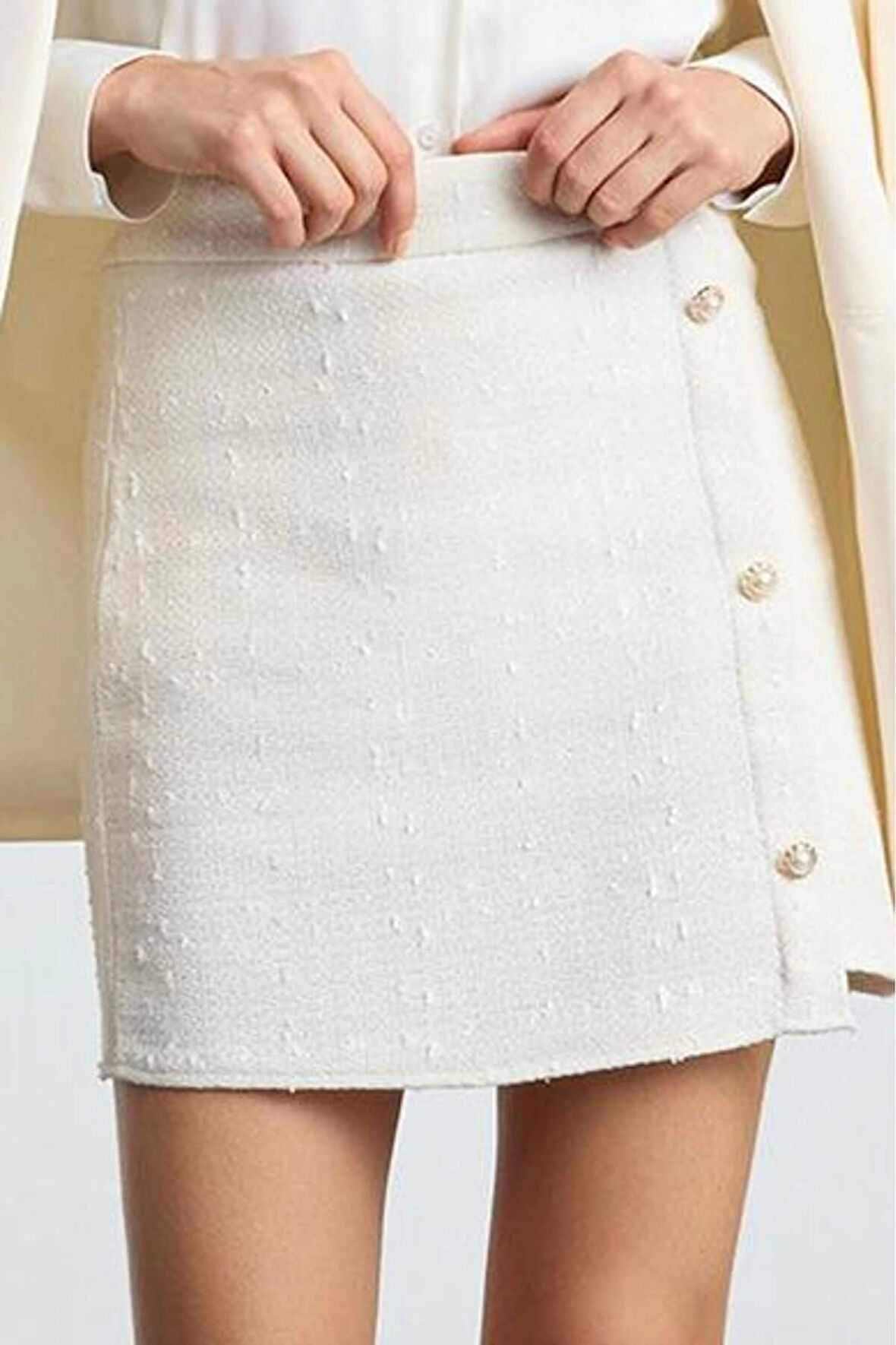 Kadın Moda Stil Mini Astarsız Dokuma Düğmeli Tüvit Kumaş Mini Dokuma Etek