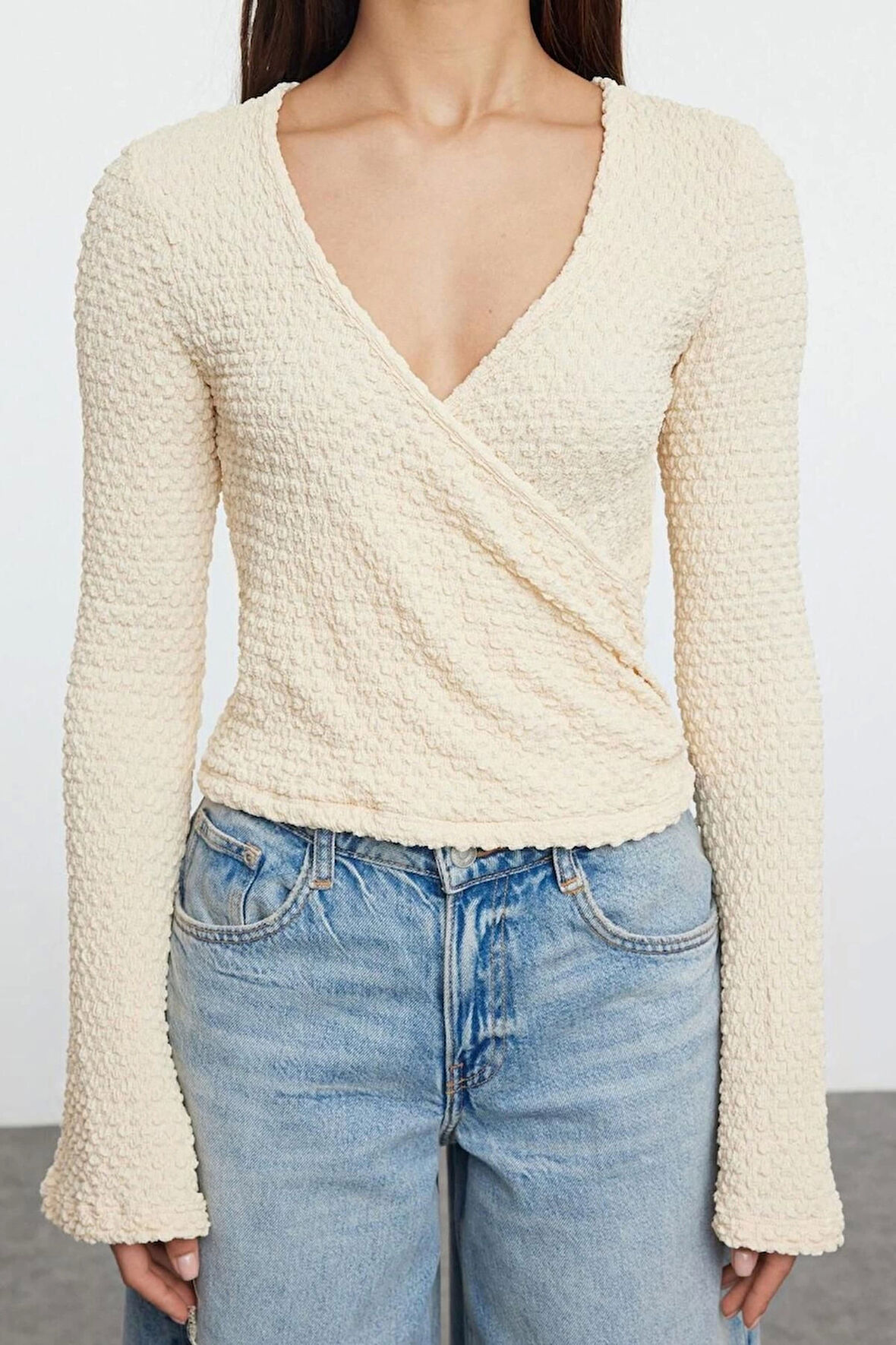 Kadın Moda Şık Üst Giyim Crop Kruvaze Yaka İspanyol Kol Regular Kalıp Örme Bluz