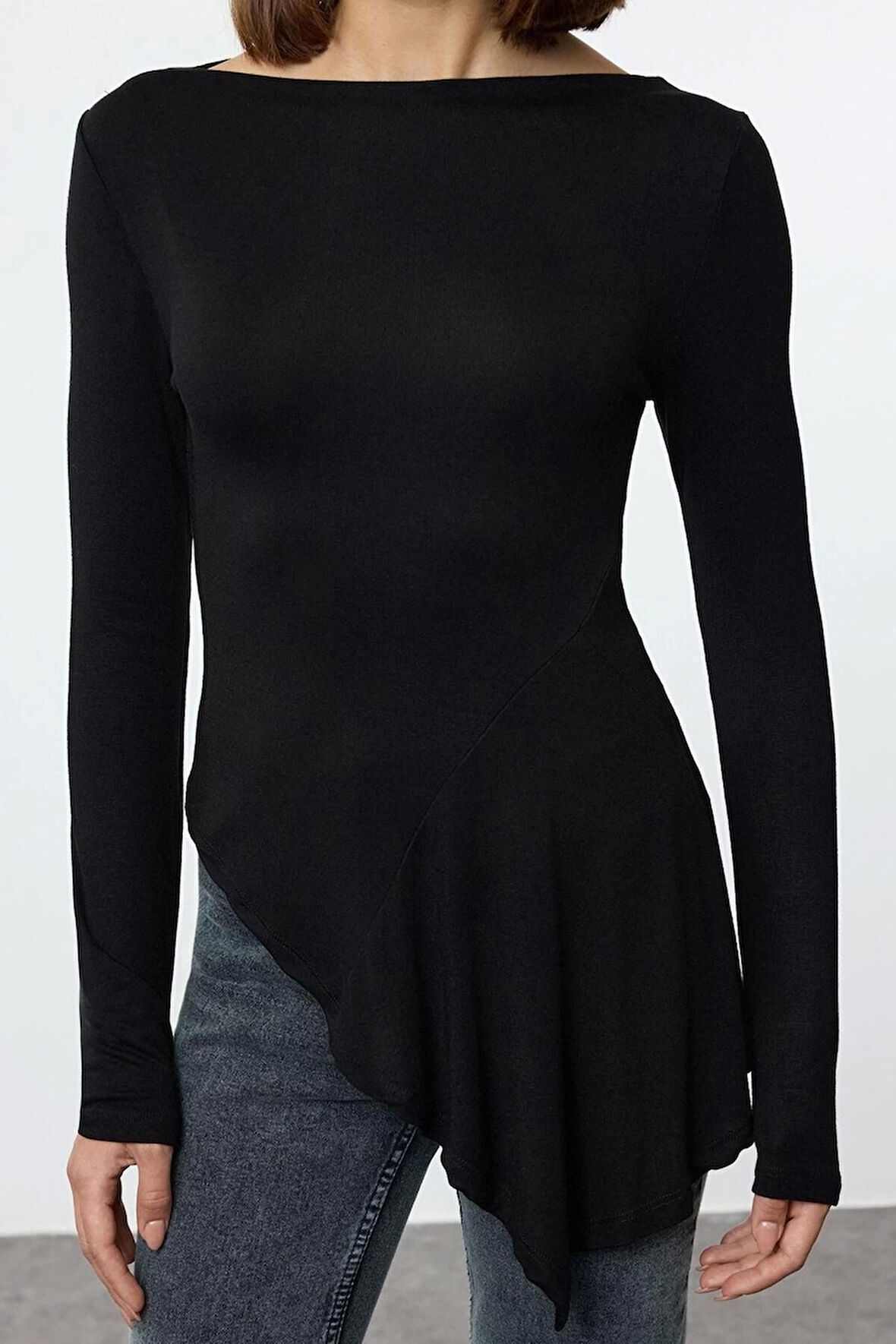 Kadın Moda Şık Regular Dik Yaka Slim Kalıp Örme Viskon Yumuşak Kumaşlı Asimetrik Esnek Bluz