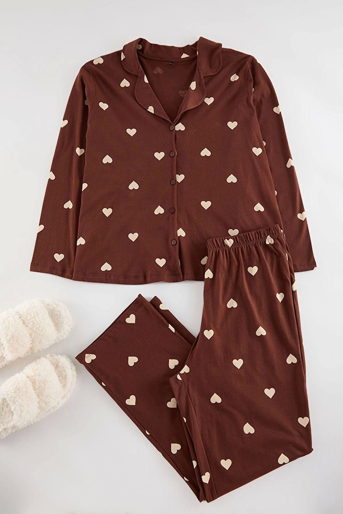 Kadın Moda Şık Büyük Beden Gömlek Yaka Geniş Paça Uzun Kol Vişne Kalpli Örme Pijama Takımı