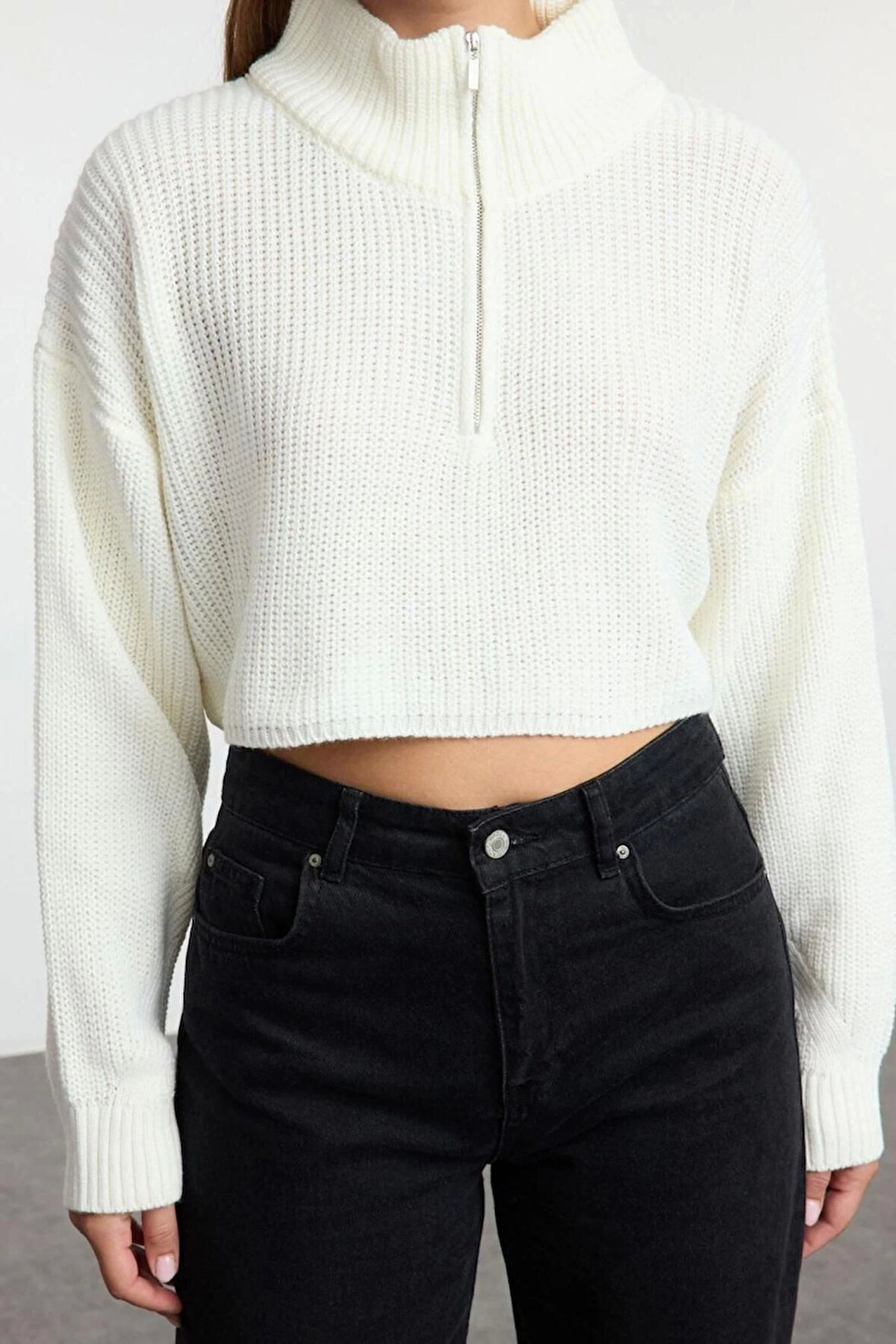Kadın Moda Şık Dik Yaka Standart Kol Crop Süper Fermuarlı Triko Kazak