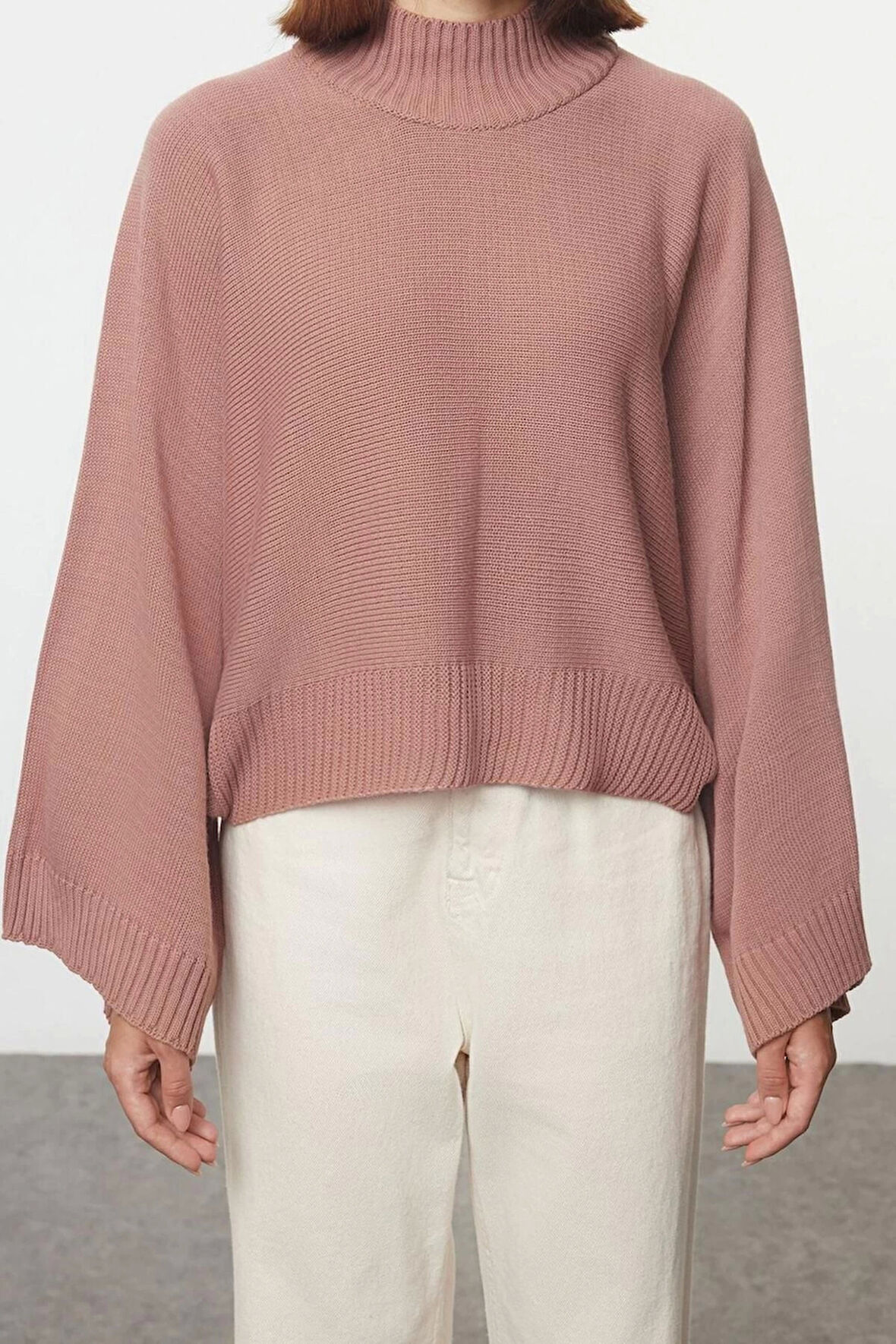 Kadın Moda Şık Dik Yaka Düşük Kol Regular Geniş Kalıp Yarasa Kol Triko Kazak