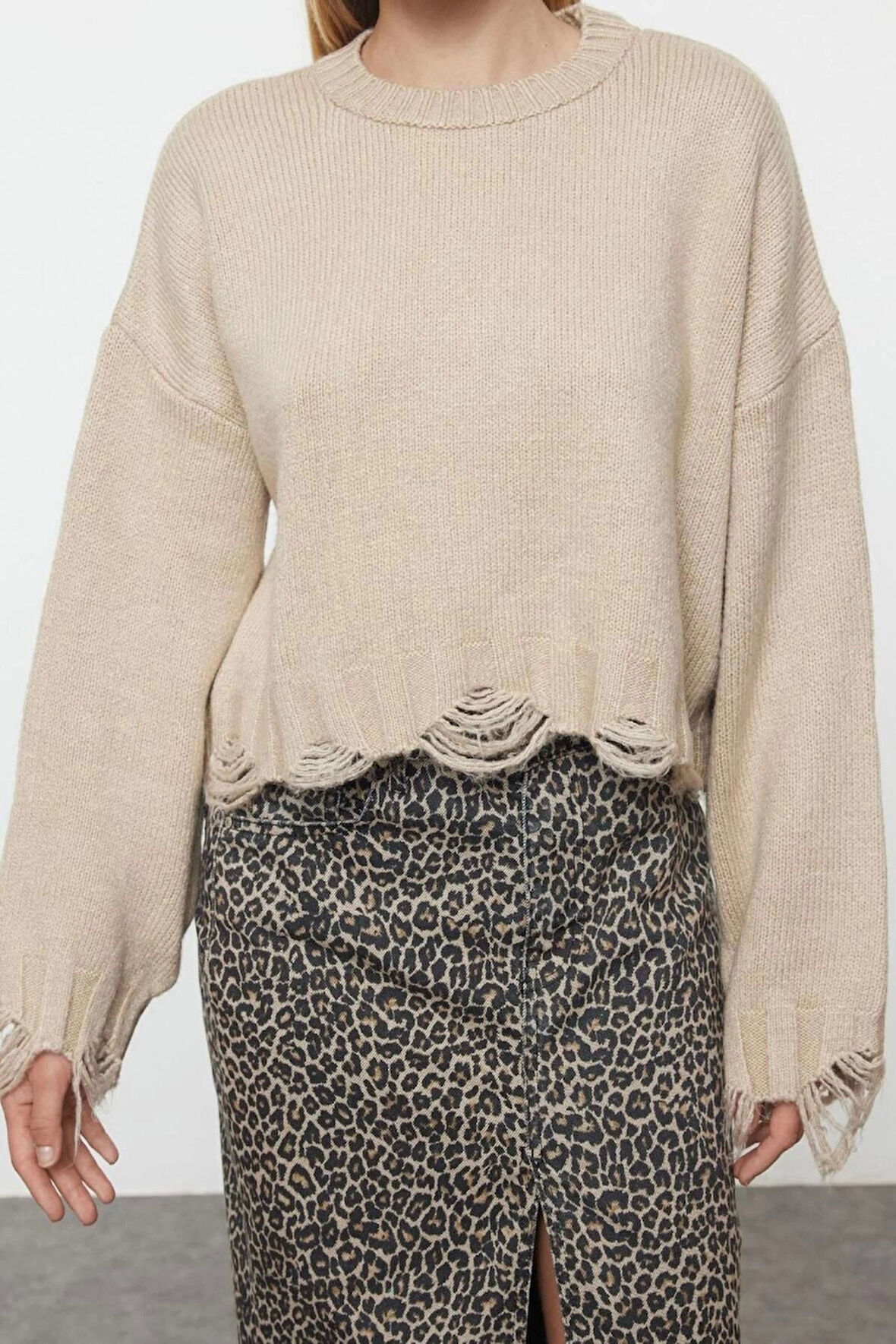 Kadın Moda Şık Bisiklet Yaka Düşük Kol Crop Süper Geniş Kalıp Yumuşak Dokulu Triko Kazak