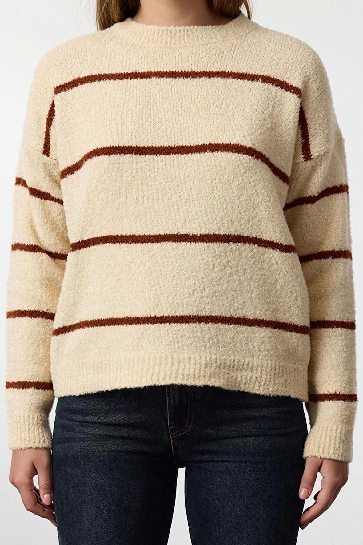 Kadın Moda Şık Bisiklet Yaka Standart Kol Regular Buklet Çizgili Triko Kazak