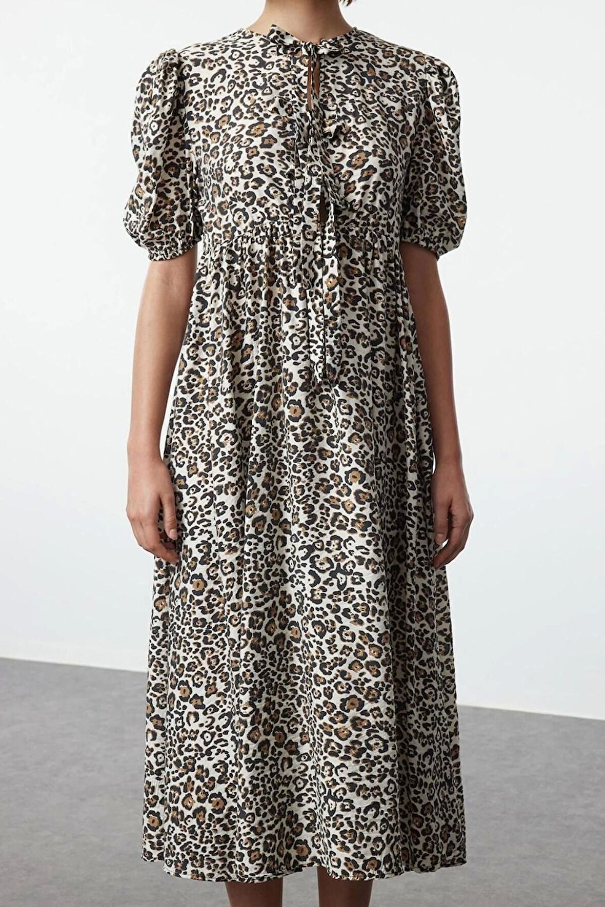 Kadın Moda Şık Maxi Boy Bisiklet Yaka Relaxed Animal A-line Dokuma Elbise