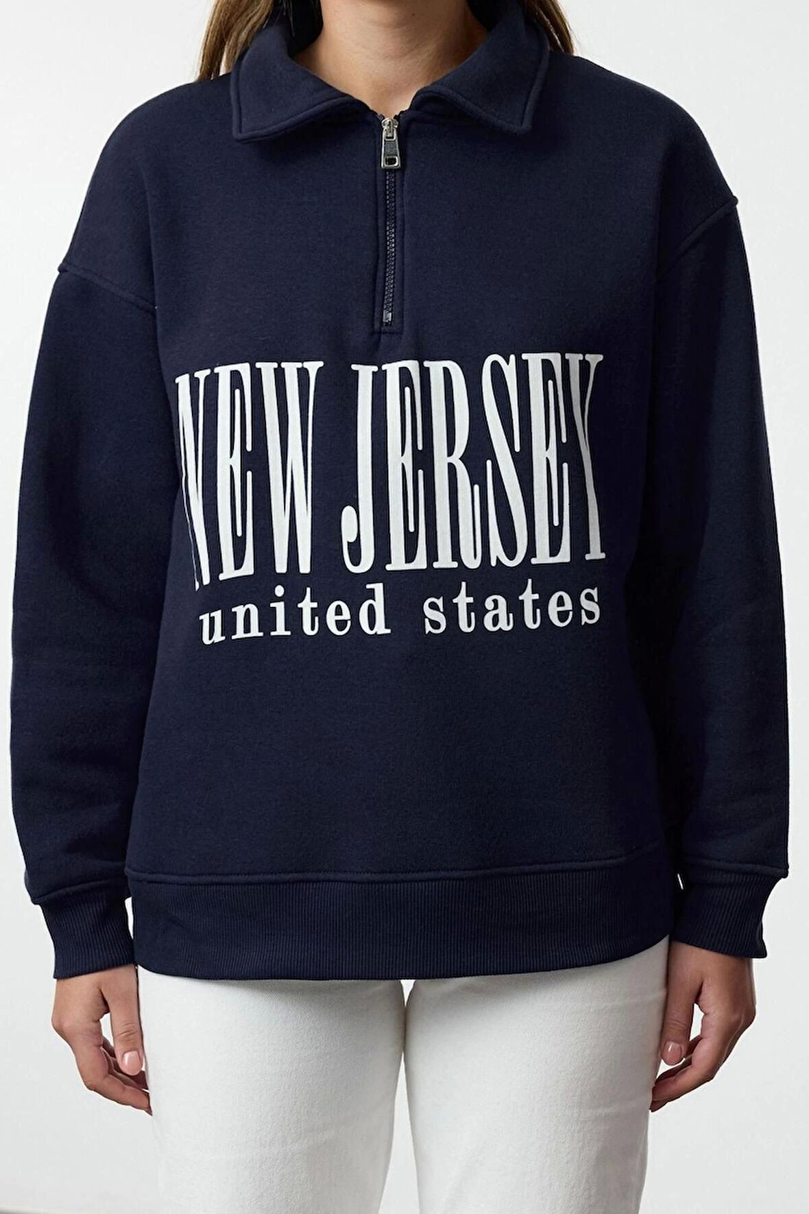 Kadın Oversize Fermuarlı Yaka Uzun Kalıp Kalın Polarlı Slogan Baskılı Fermuarlı Örme Sweatshirt