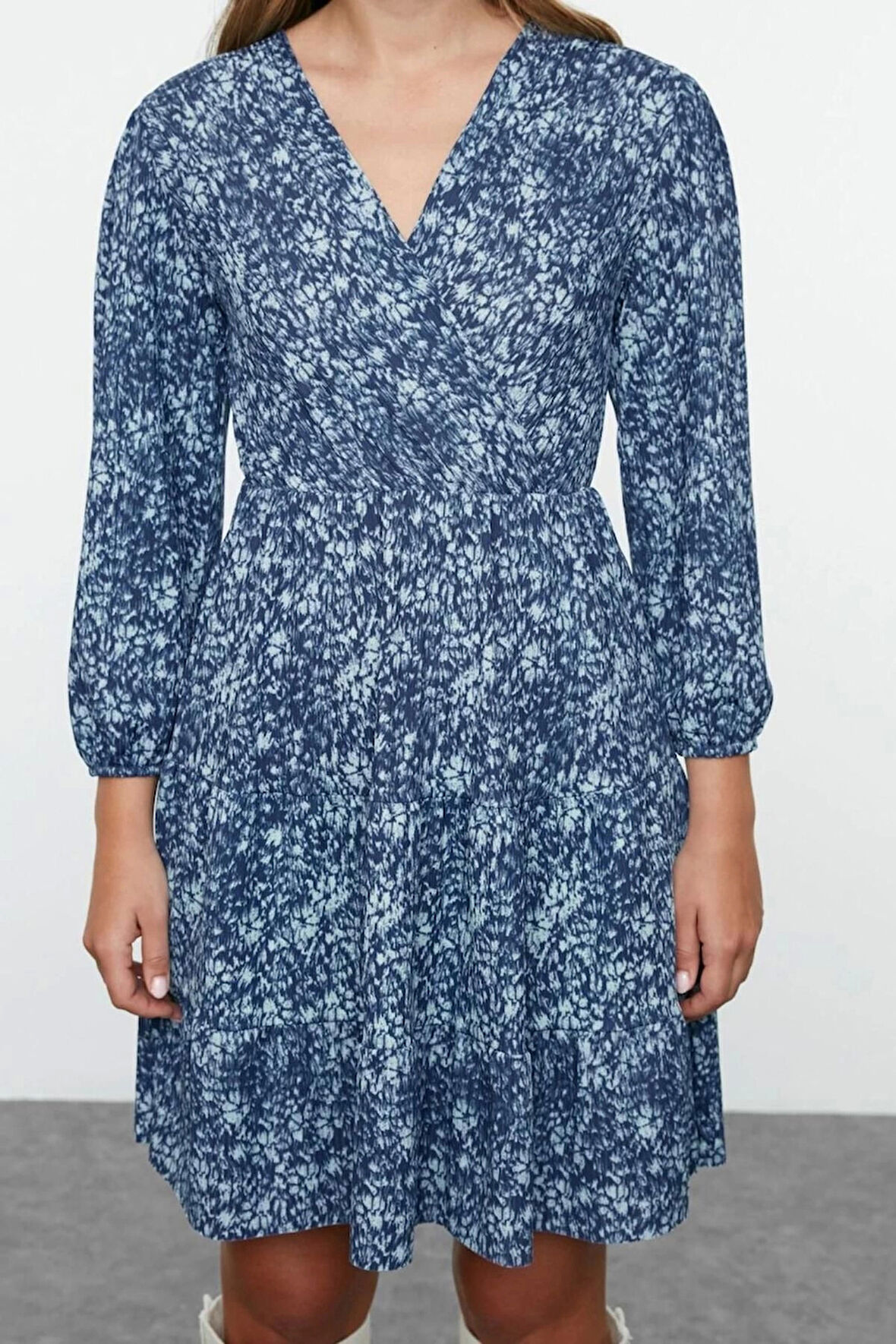 Kadın Moda Şık Mini Boy Kruvaze Regular Baskılı Skater Yaka Esnek Örme Elbise