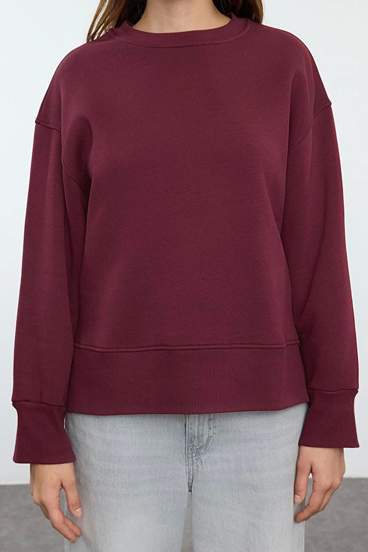 Kadın Regular Bisiklet Yaka Düşük Kol Regular Kalın İçi Polarlı Normal Kalıp Basic Örme Sweatshirt