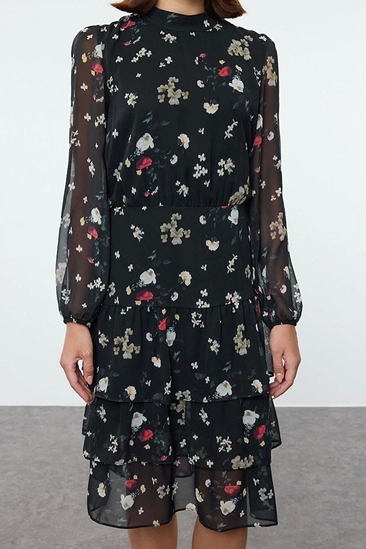 Kadın Moda Şık Midi Boy Bisiklet Yaka Regular Çiçekli Skater Fırfır Dokuma Kışlık Elbise