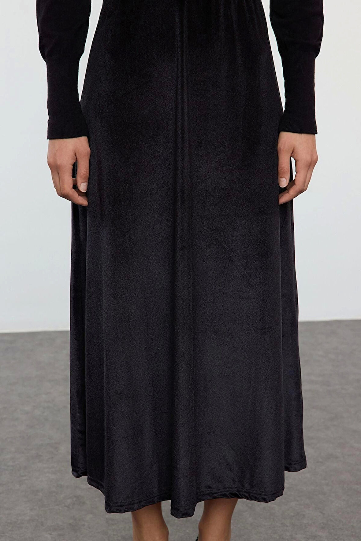 Kadın Moda Stil Midi Astarsız Örme Kadife Beli Lastikli Kloş Midi Etek