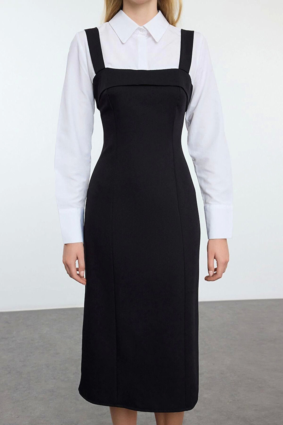 Kadın Moda Şık Mini Boy Gömlek Yaka Regular Çizgili Gömlek Detaylı Vücuda Oturan Dokuma Elbise