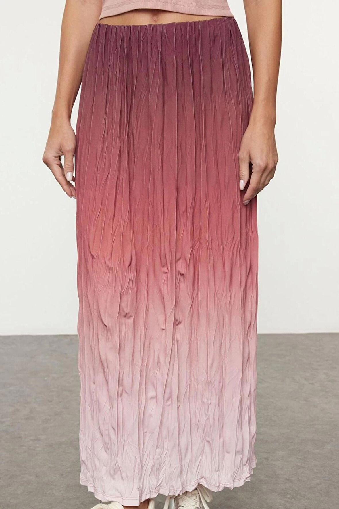 Kadın Moda Stil Maxi Astarsız Örme Kloş Degrade Geçişli Kırışık Pilise Maxi Esnek Etek