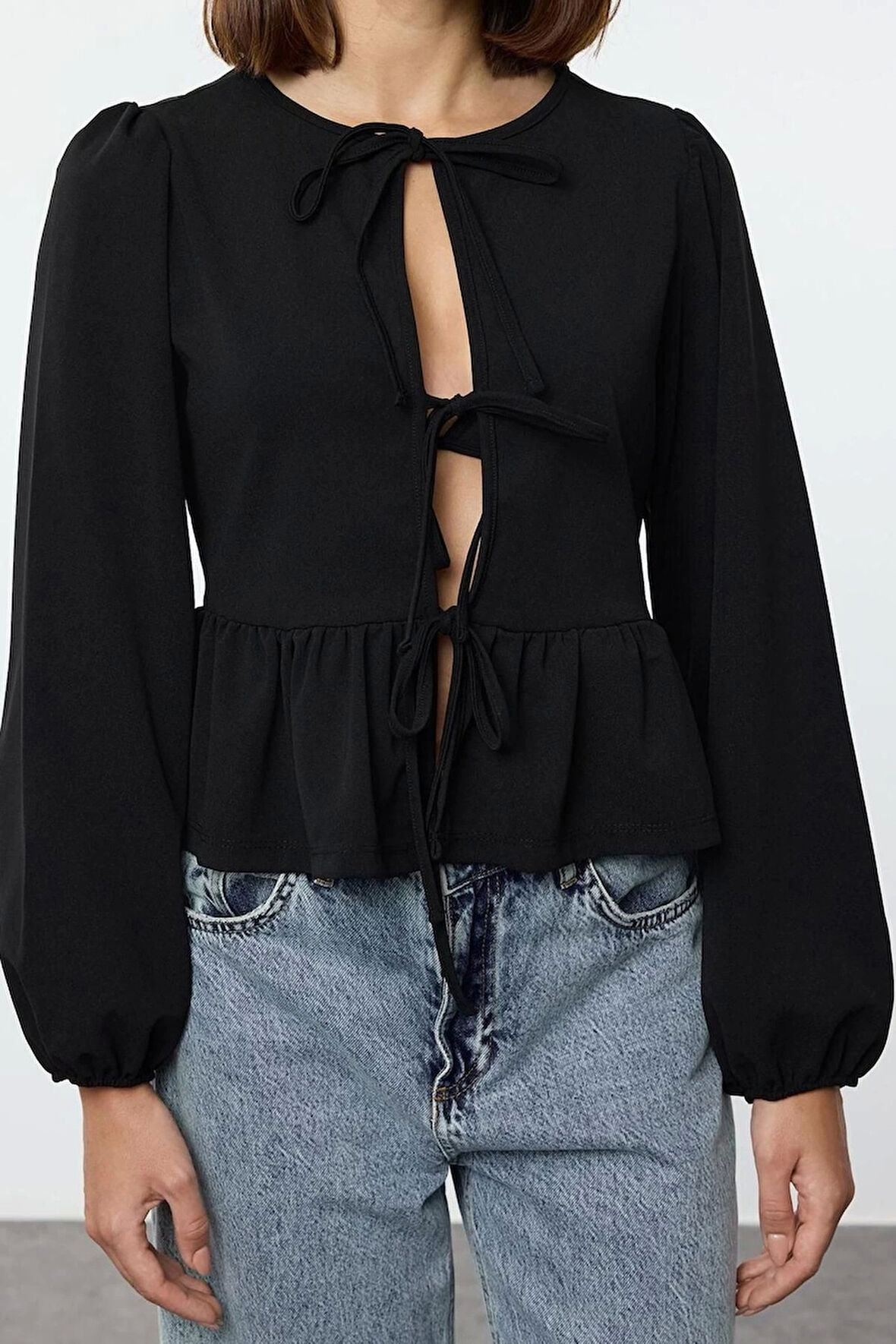 Kadın Şık Regular Bisiklet Yaka Balon Kol Regular Kalıp Örme Bağlama Detaylı Normal Kalıp Esnek Bluz