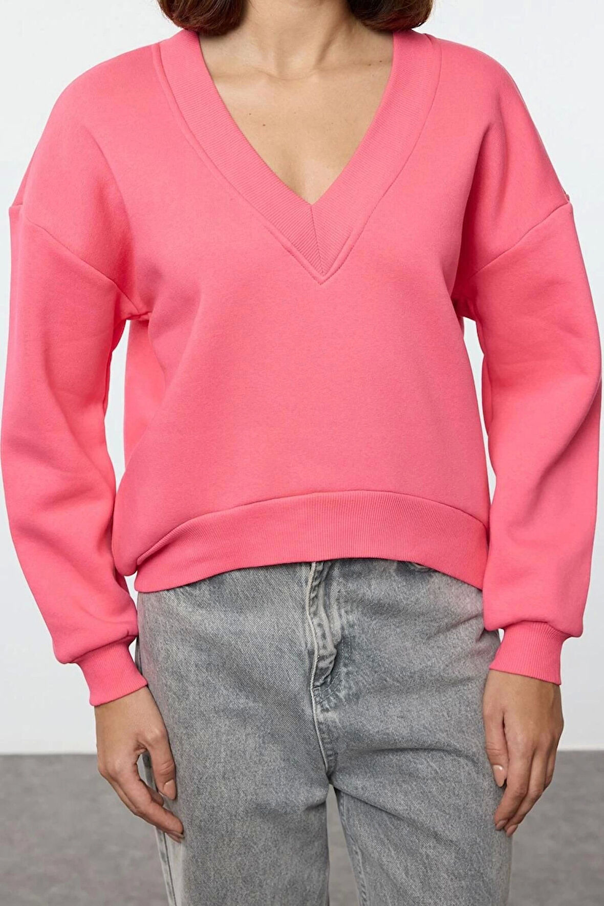 Kadın Regular V Yaka Düşük Kol Regular Basic Normal Kalıp V yaka Kalın İçi Polarlı Örme Sweatshirt