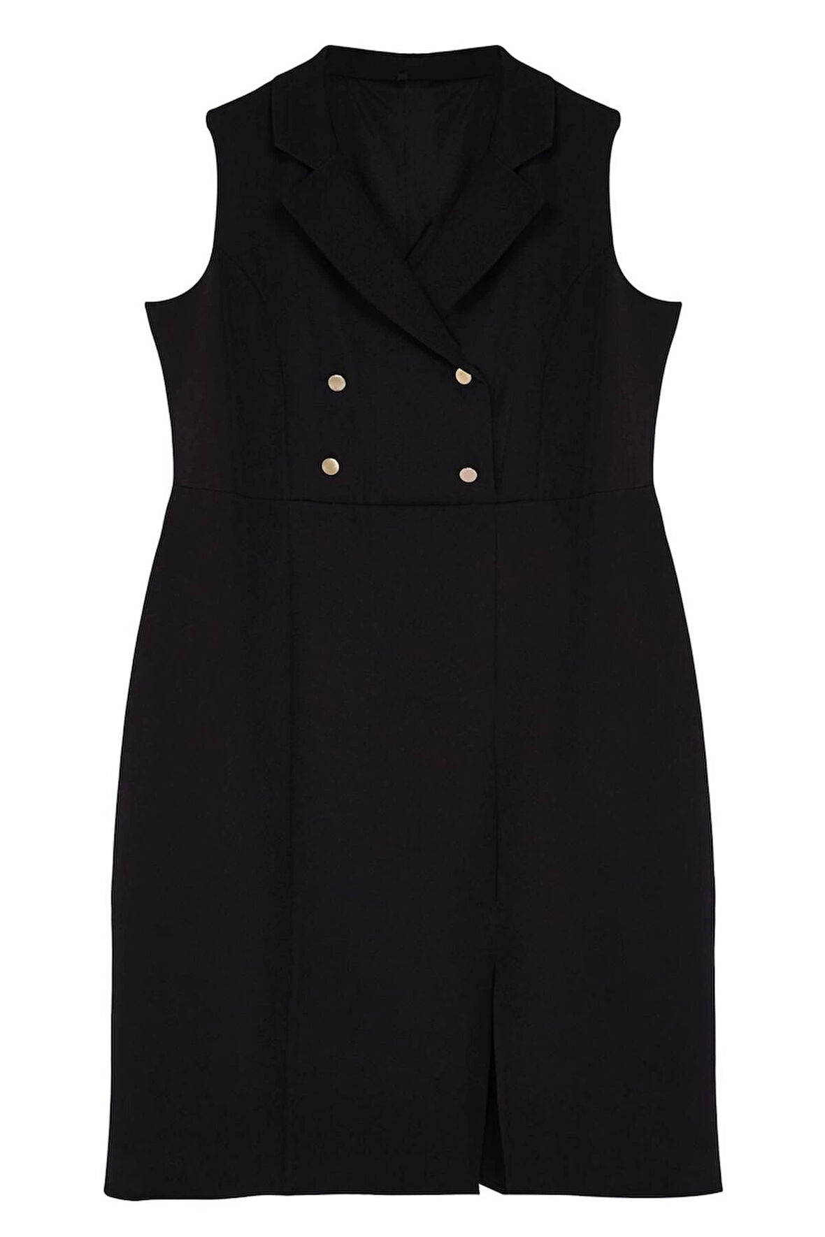 Kadın Büyük Beden Midi Boy Degaje Yaka Oversize Yırtmaçlı Fitted Vücuda Oturan Dokuma Elbise