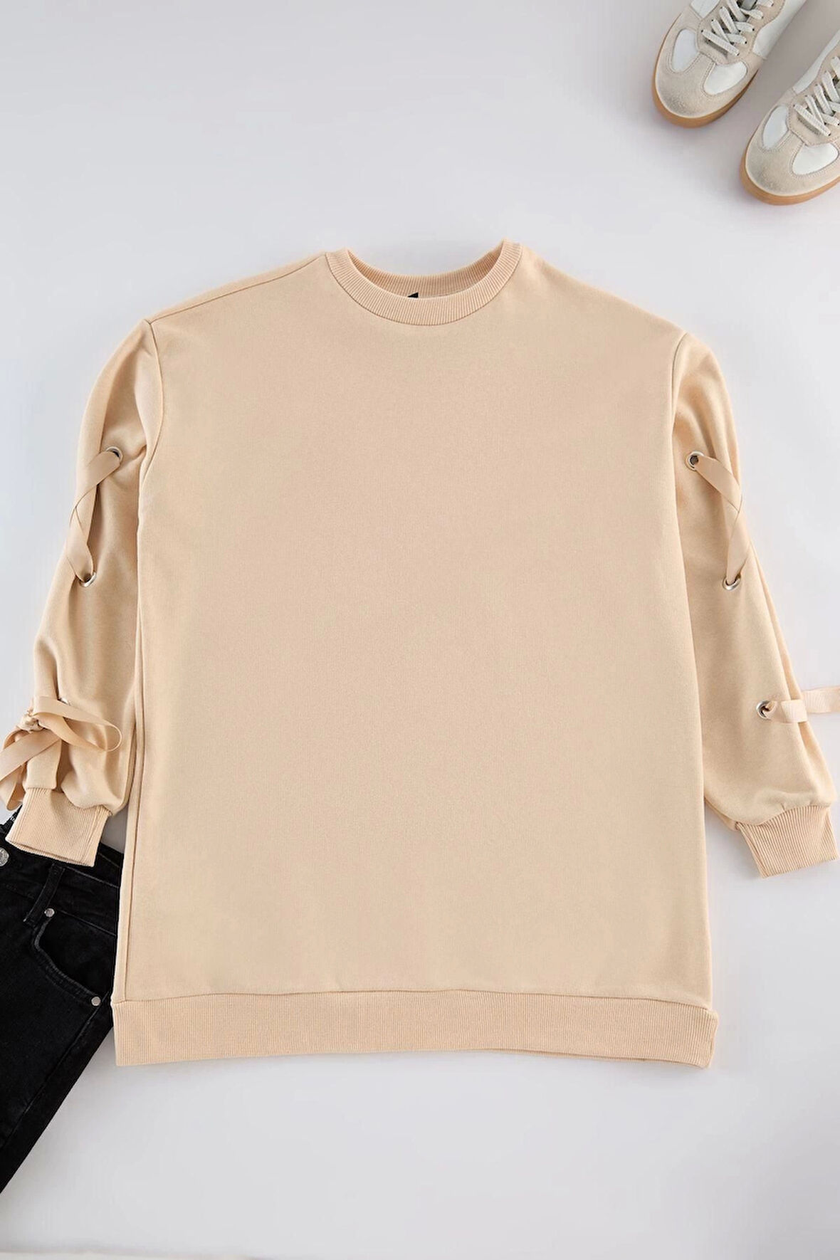 Kadın Tesettür Moda Şık Oversize Bisiklet Yaka Düşük Kol Uzun Bağcık Detaylı Sweatshirt
