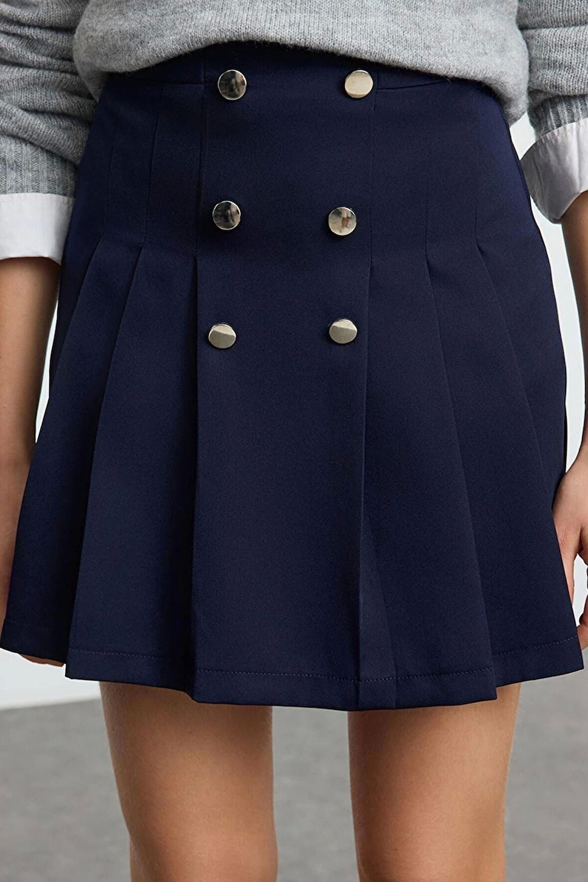 Kadın Moda Stil Midi Astarsız Dokuma Düğme Detaylı Pileli Etek