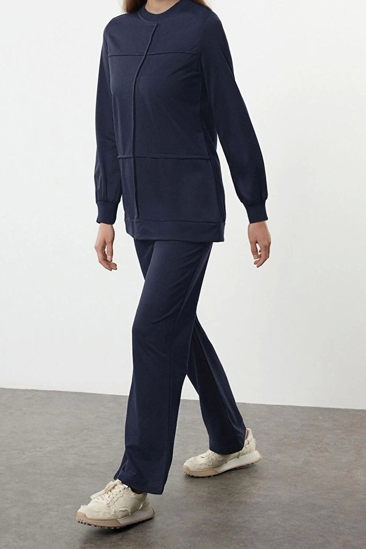 Kadın Moda Şık Regular Boy Uzun Kollu Nervürlü Oversize Örme Alt-Üst Takım